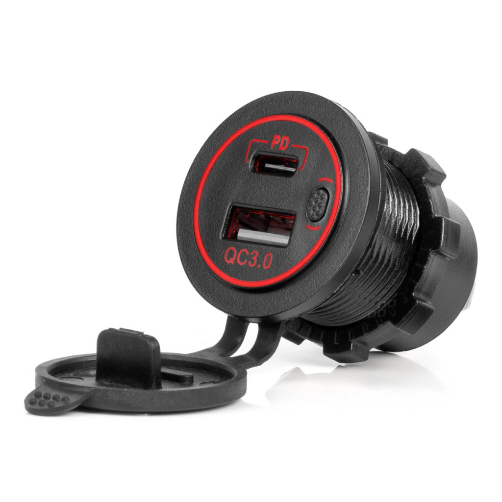 Εικόνα 1 από 5 — Amio – ΠΡΙΖΑ ΜΕ 2 ΘΥΡΕΣ USB ΚΑΙ ΚΑΠΑΚΙ 12/24V QUICK CHARGE 3.0 ΑΔΙΑΒΡΟΧΗ ΜΕ ΚΟΚΚΙΝΟ LED ΦΩΣ ΜΑΥΡΗ – 1 τεμ. (04221/AM)