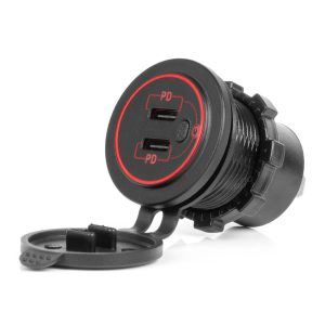 Amio - ΠΡΙΖΑ ΜΕ 2 ΘΥΡΕΣ USB-C ΜΕ ΔΙΑΚΟΠΤΗ ΚΑΙ ΚΑΠΑΚΙ 12/24V ΑΔΙΑΒΡΟΧΗ ΜΕ ΚΟΚΚΙΝΟ LED ΦΩΣ ΜΑΥΡΗ - 1 Τεμ. (04224/AM)
