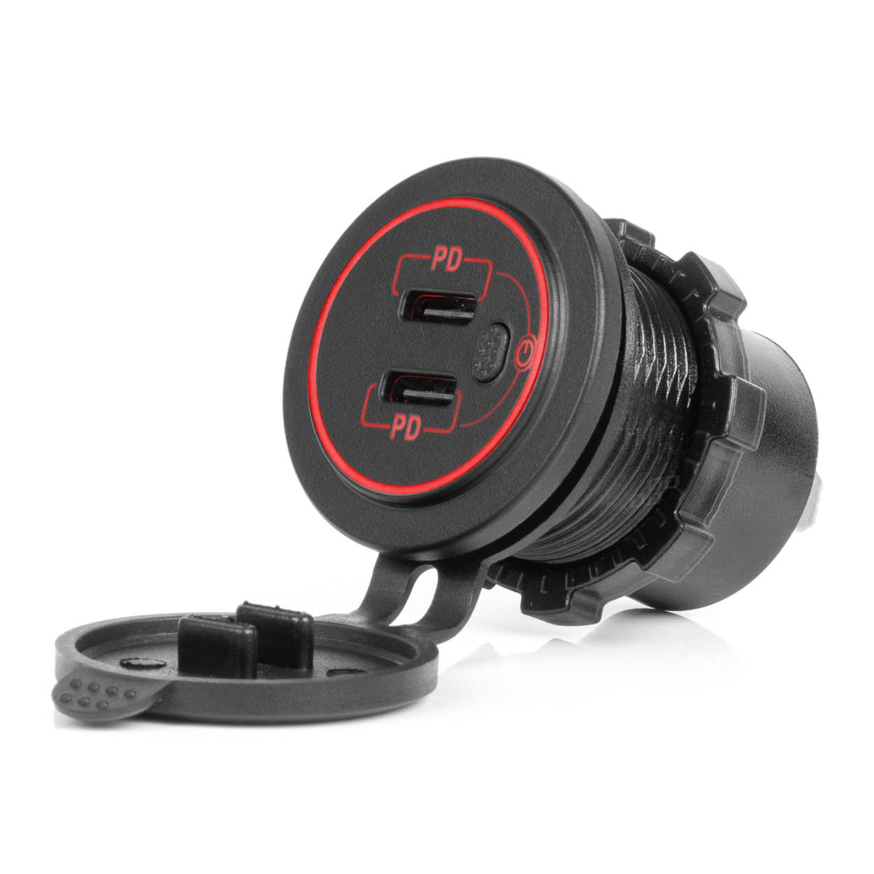 Εικόνα 1 από 5 — Amio – ΠΡΙΖΑ ΜΕ 2 ΘΥΡΕΣ USB-C ΜΕ ΔΙΑΚΟΠΤΗ ΚΑΙ ΚΑΠΑΚΙ 12/24V ΑΔΙΑΒΡΟΧΗ ΜΕ ΚΟΚΚΙΝΟ LED ΦΩΣ ΜΑΥΡΗ – 1 Τεμ. (04224/AM)
