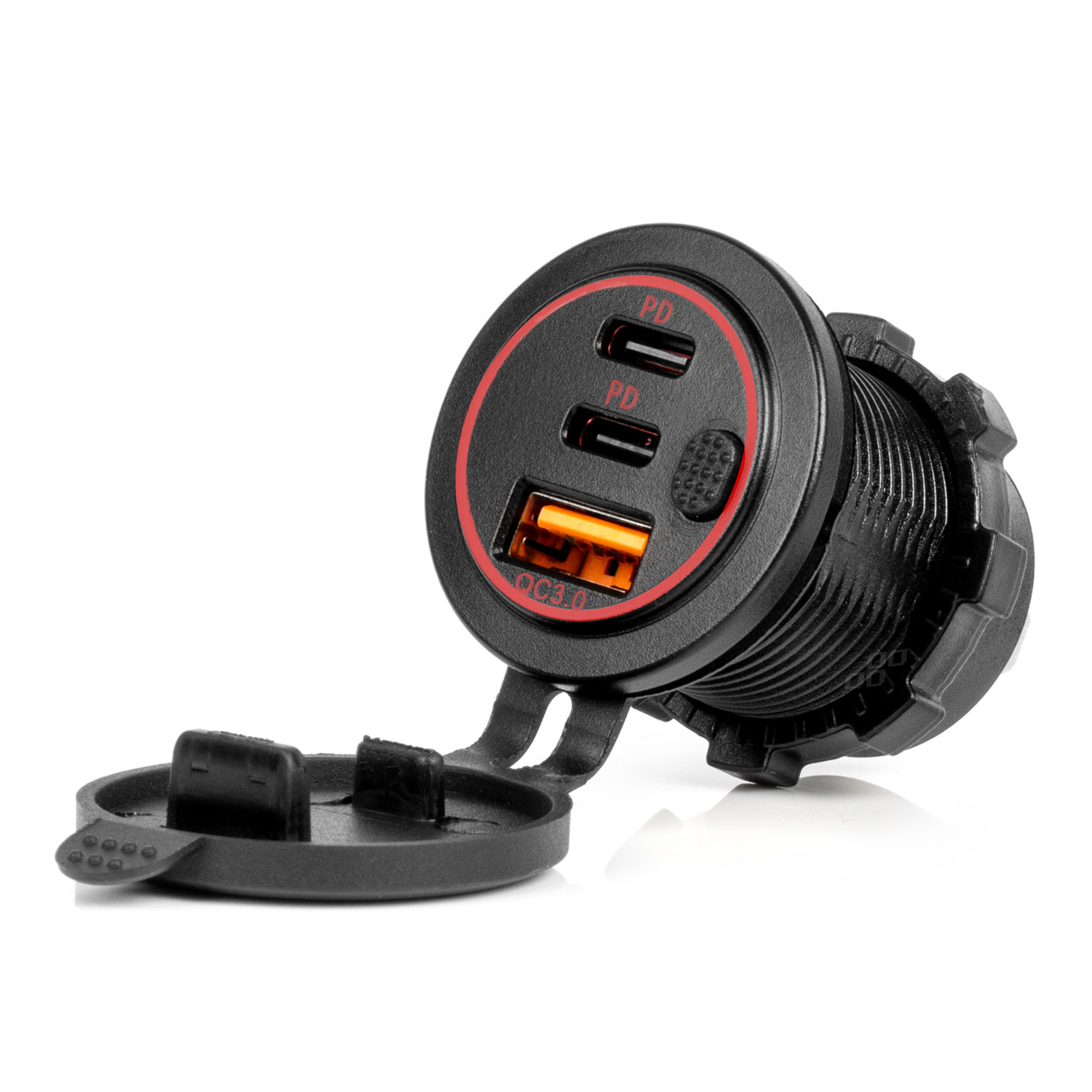 Εικόνα 1 από 5 — Amio – ΠΡΙΖΑ ΜΕ 3 ΘΥΡΕΣ(USB+2xUSB-C) ΜΕ ΔΙΑΚΟΠΤΗ ΚΑΙ ΚΑΠΑΚΙ 12/24V QUICK CHARGE 3.0 ΑΔΙΑΒΡΟΧΗ ΜΑΥΡΗ – 1 Τεμ. (04227/AM)