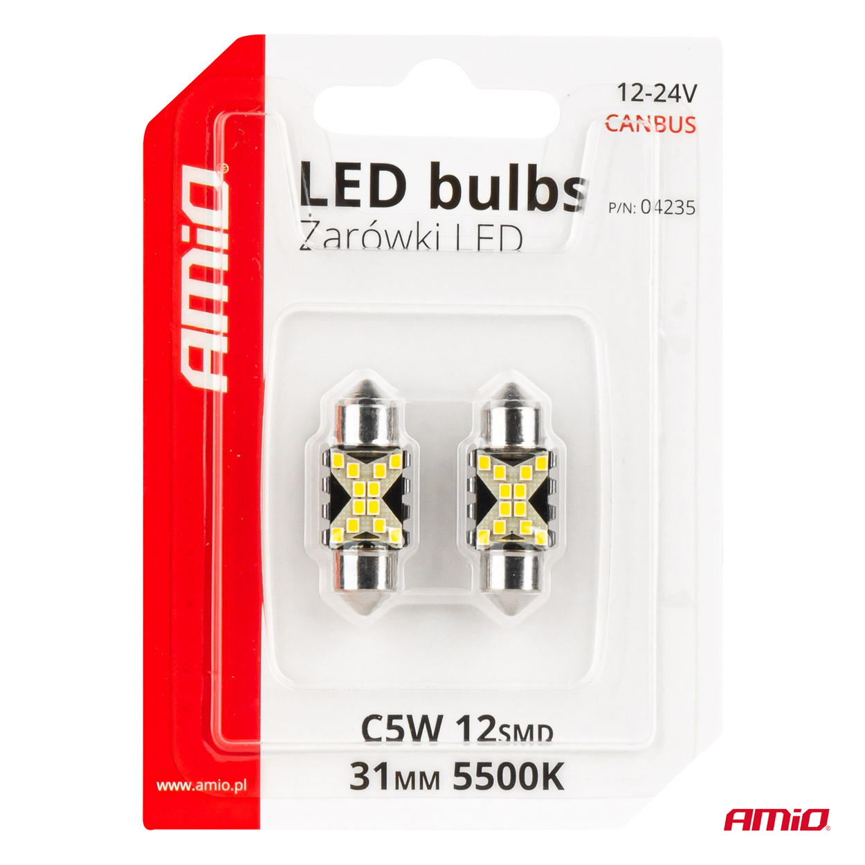 Εικόνα 5 από 5 — Amio – ΛΑΜΠΑΚΙΑ ΠΛΑΦΟΝΙΕΡΑΣ 31mm 12/24V C5W 5500K 12xSMD 2016 CAN-BUS FESTOON (ΛΕΥΚΟ) – 2 ΤΕΜ. (04235/AM)