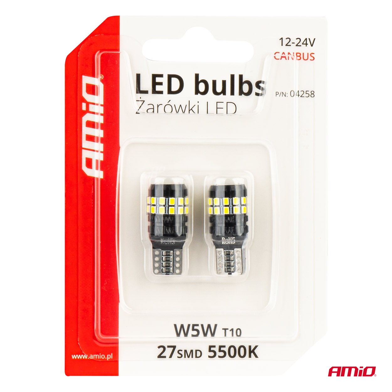 Εικόνα 5 από 5 — Amio – Λάμπες LED CANBUS T10 (W5W) 27SMD 2016 Λευκές 5500K 12V/24V – 2τεμ. (04258/AM)