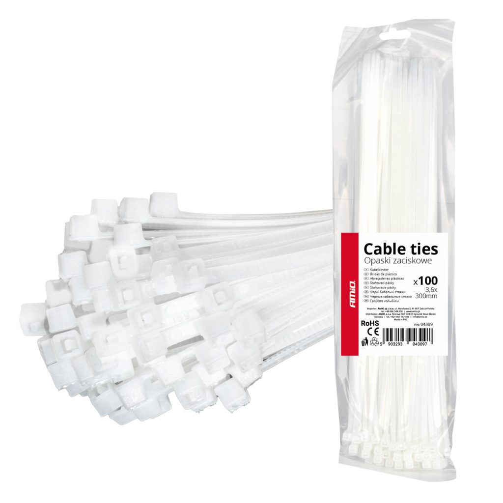 Εικόνα 1 από 1 — Amio – ΔΕΜΑΤΙΚΑ/ΔΕΤΙΚΑ ΚΑΛΩΔΙΩΝ TIE WRAP (ΤΑΙΡΑΠ) 3.6 x 300mm (ΛΕΥΚΟ) – 100 ΤΕΜ. (04309/AM)