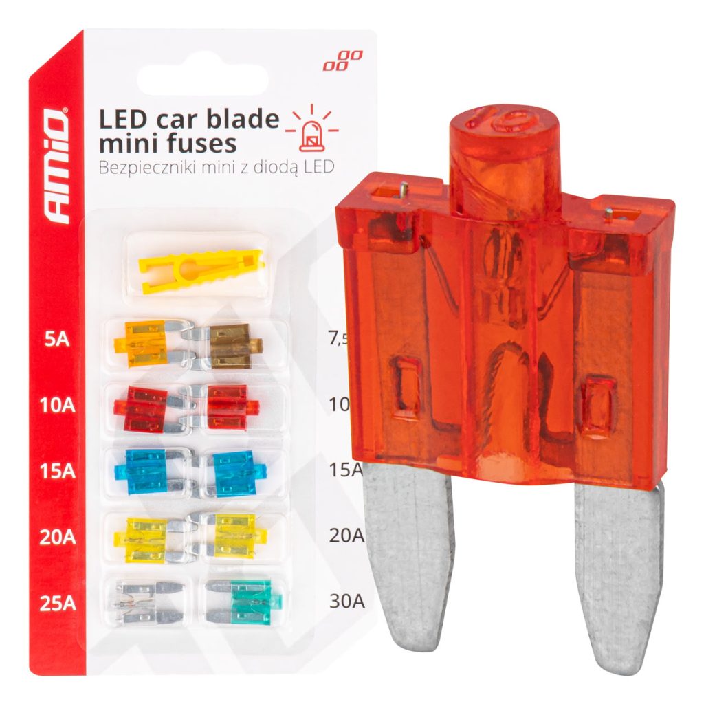 Εικόνα 1 από 6 — Amio – Ασφάλειες Mini Blade (Μαχαιρωτές) με LED Ένδειξη Καμένης Ασφάλειας & Εργαλείο Αφαίρεσης για Άμεσο Έλεγχο Ηλεκτρικού Κυκλώματος OE – 10 Τεμ. (04340/AM)