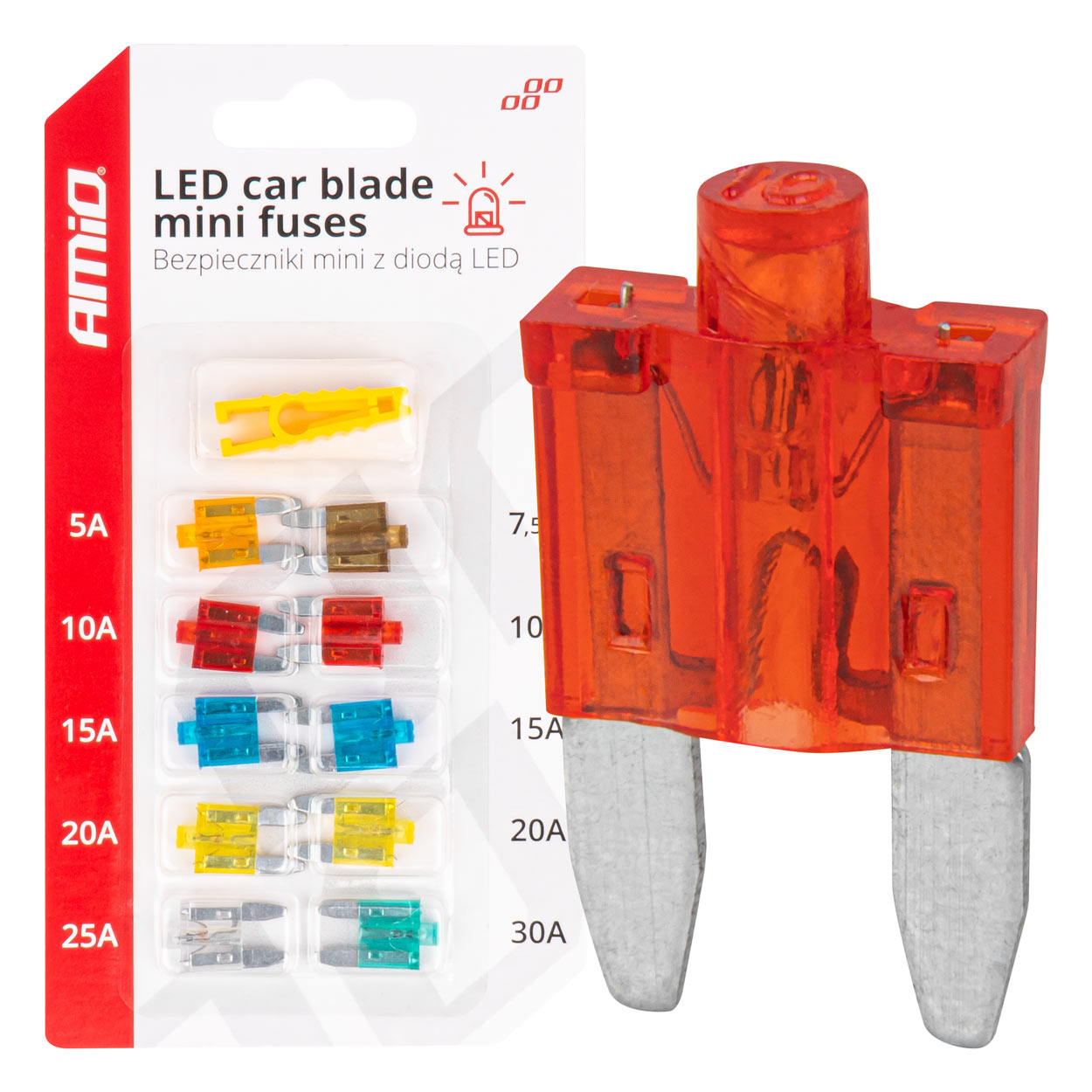 Εικόνα 1 από 6 — Amio – Ασφάλειες Mini Blade (Μαχαιρωτές) με LED Ένδειξη Καμένης Ασφάλειας & Εργαλείο Αφαίρεσης για Άμεσο Έλεγχο Ηλεκτρικού Κυκλώματος OE – 10 Τεμ. (04340/AM)