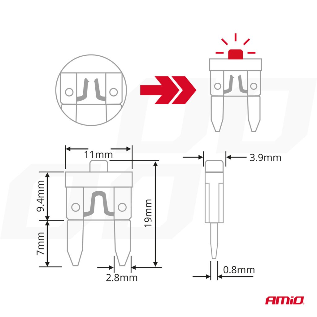 Εικόνα 5 από 6 — Amio – Ασφάλειες Mini Blade (Μαχαιρωτές) με LED Ένδειξη Καμένης Ασφάλειας & Εργαλείο Αφαίρεσης για Άμεσο Έλεγχο Ηλεκτρικού Κυκλώματος OE – 10 Τεμ. (04340/AM)