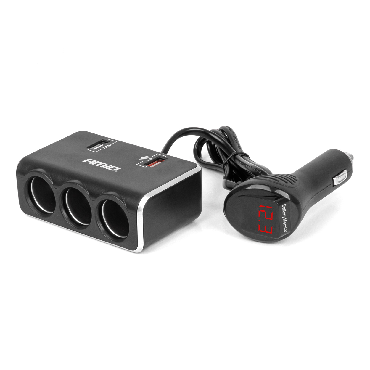 Εικόνα 1 από 8 — Amio – ΑΝΤΑΠΤΟΡΑΣ ΑΝΑΠΤΗΡΑ 12/24V 120W ΨΗΦΙΑΚΟΣ ΜΑΥΡΟΣ/3 ΘΕΣΕΙΣ/2xUSB-A QC 3.0 ΜΕ ΚΑΛΩΔΙΟ 80cm – 1 Τεμ. (04364/AM)