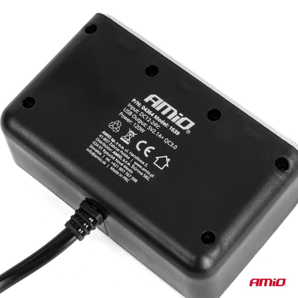 Εικόνα 5 από 8 — Amio – ΑΝΤΑΠΤΟΡΑΣ ΑΝΑΠΤΗΡΑ 12/24V 120W ΨΗΦΙΑΚΟΣ ΜΑΥΡΟΣ/3 ΘΕΣΕΙΣ/2xUSB-A QC 3.0 ΜΕ ΚΑΛΩΔΙΟ 80cm – 1 Τεμ. (04364/AM)