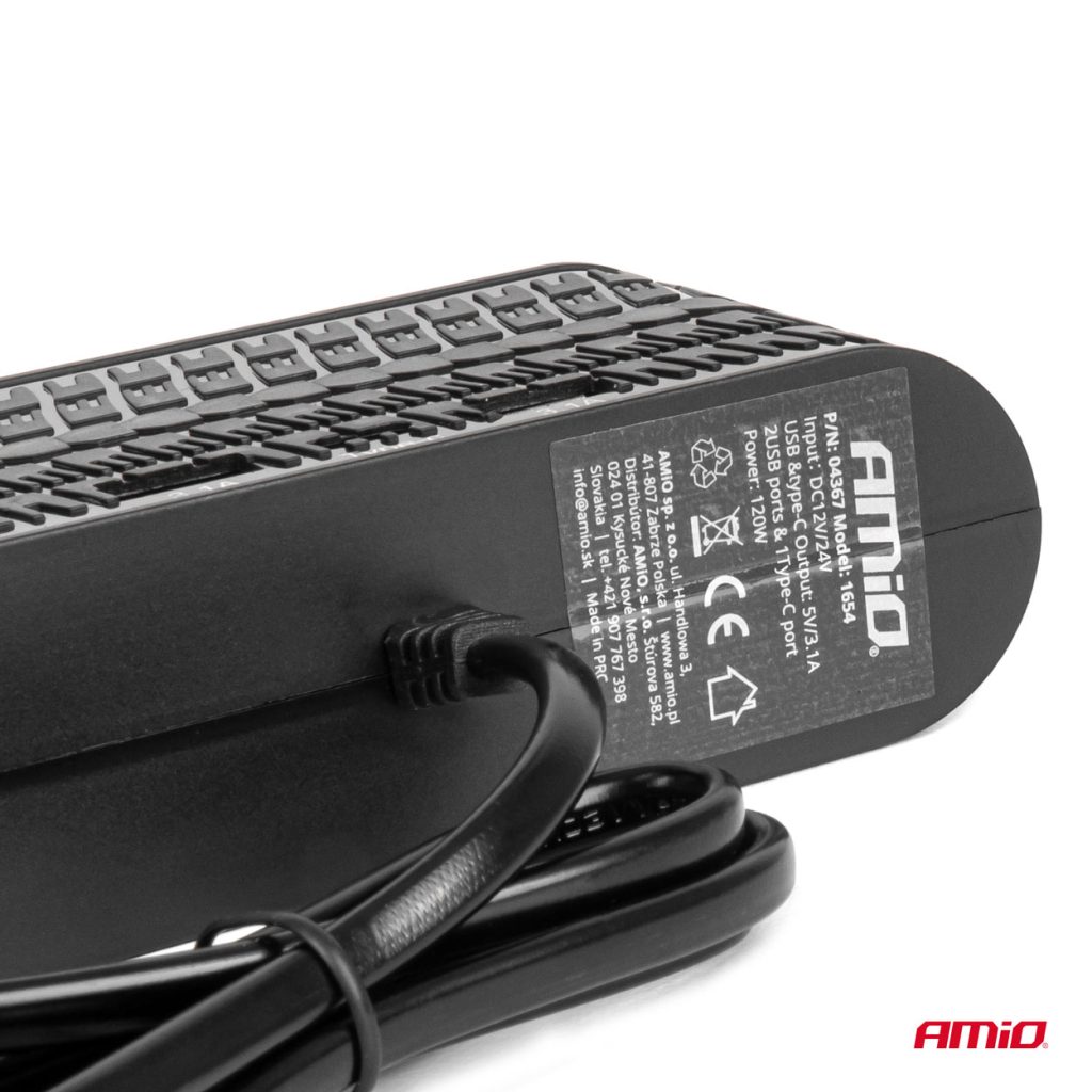 Εικόνα 5 από 7 — Amio – ΑΝΤΑΠΤΟΡΑΣ ΑΝΑΠΤΗΡΑ 12/24V 120W ΜΑΥΡΟΣ – 4 ΘΕΣΕΙΣ – 2xUSB-A + 1xUSB-C – ΚΑΛΩΔΙΟ 80cm – 1 Τεμ. (04367/AM)
