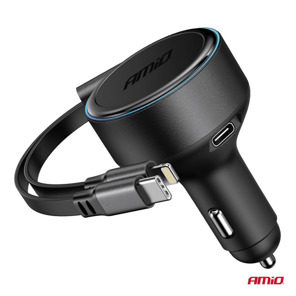 Εικόνα 3 από 5 — Amio – ΦΟΡΤΙΣΤΗΣ ΑΝΑΠΤΗΡΑ 12/24V ΜΕ 1ΘΥΡΑ USB-C 60W ΤΑΧΕΙΑΣ ΦΟΡΤΙΣΗΣ ΜΕ ΕΝΣΩΜΑΤΩΜΕΝΟ ΚΑΛΩΔΙΟ USB C+APPLE LIGHTING – 1 Τεμ. (04370/AM)