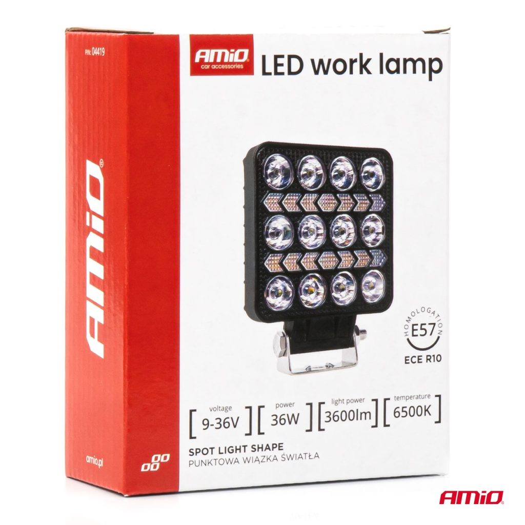 Εικόνα 8 από 8 — Amio – LED Λάμπα Εργασίας 36W 3600lm 6500K με Προειδοποιητικό Φως – 9–36V (Λευκό + Κίτρινο) Spot Αλουμινένια – 1 τεμ. – (04419/AM)