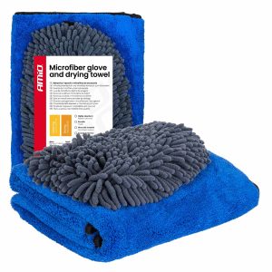 Amio - Σετ Περιποίησης με Γάντι Πλυσίματος 20x26cm (94g/sqm) και Πανί Στεγνώματος Μικροϊνών 60x90cm υψηλής απορροφητικότητας (800g/sqm) για Επιβατικά Αυτοκίνητα - 1 σετ (04489/AM)
