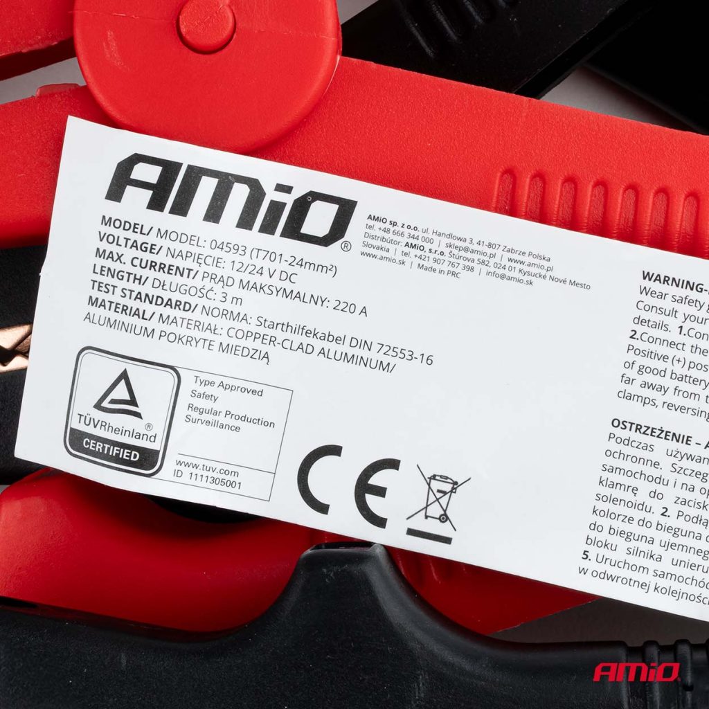Εικόνα 9 από 11 — Amio – Καλώδια Φόρτισης Μπαταρίας (Ρευματοδότες) τάση λειτουργίας 12V ένταση ρεύματος 220A μήκος 3m με πιστοποίηση TUV για Επιβατικά Αυτοκίνητα – 1 σετ (04593/AM)