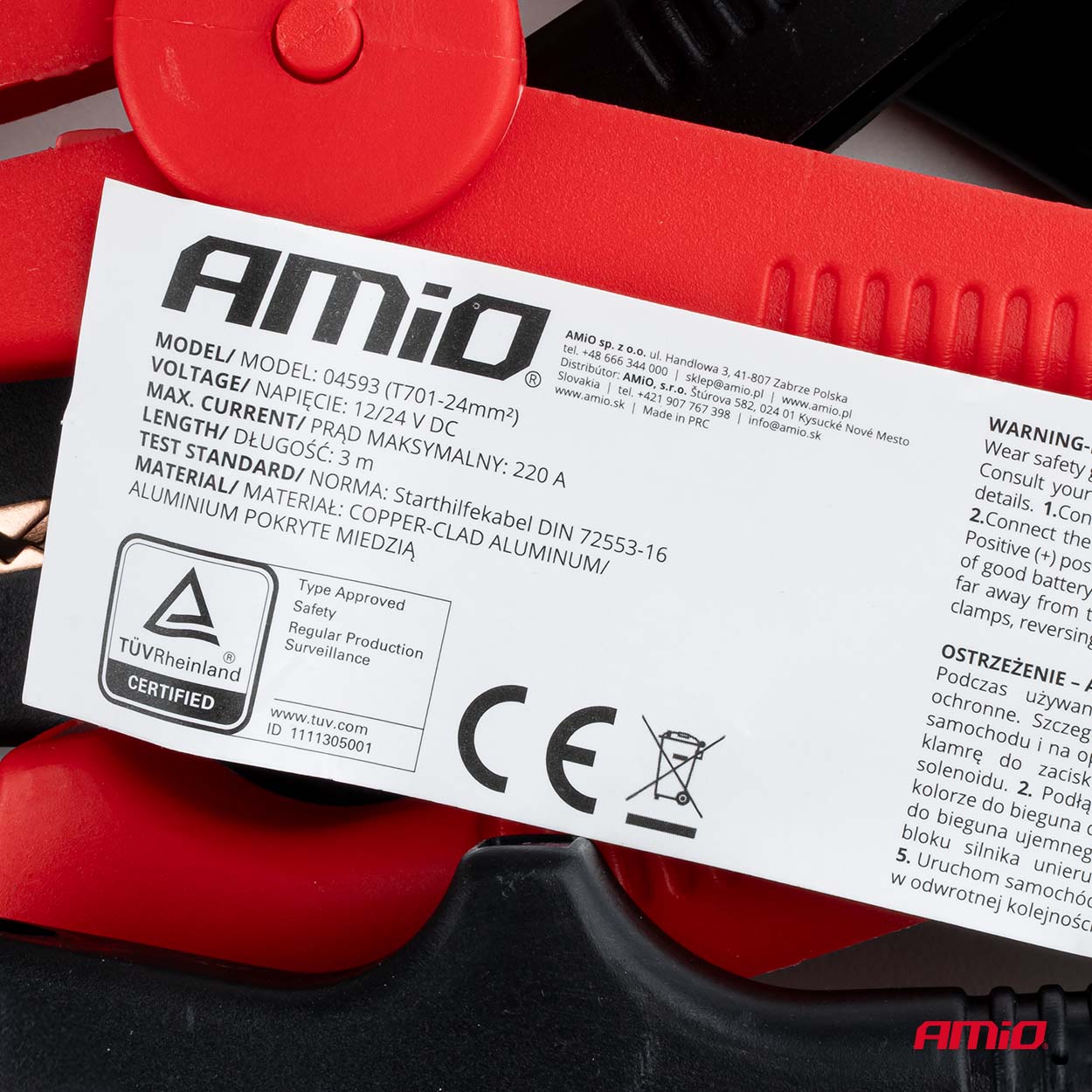 Εικόνα 9 από 11 — Amio – Καλώδια Φόρτισης Μπαταρίας (Ρευματοδότες) τάση λειτουργίας 12V ένταση ρεύματος 220A μήκος 3m με πιστοποίηση TUV για Επιβατικά Αυτοκίνητα – 1 σετ (04593/AM)
