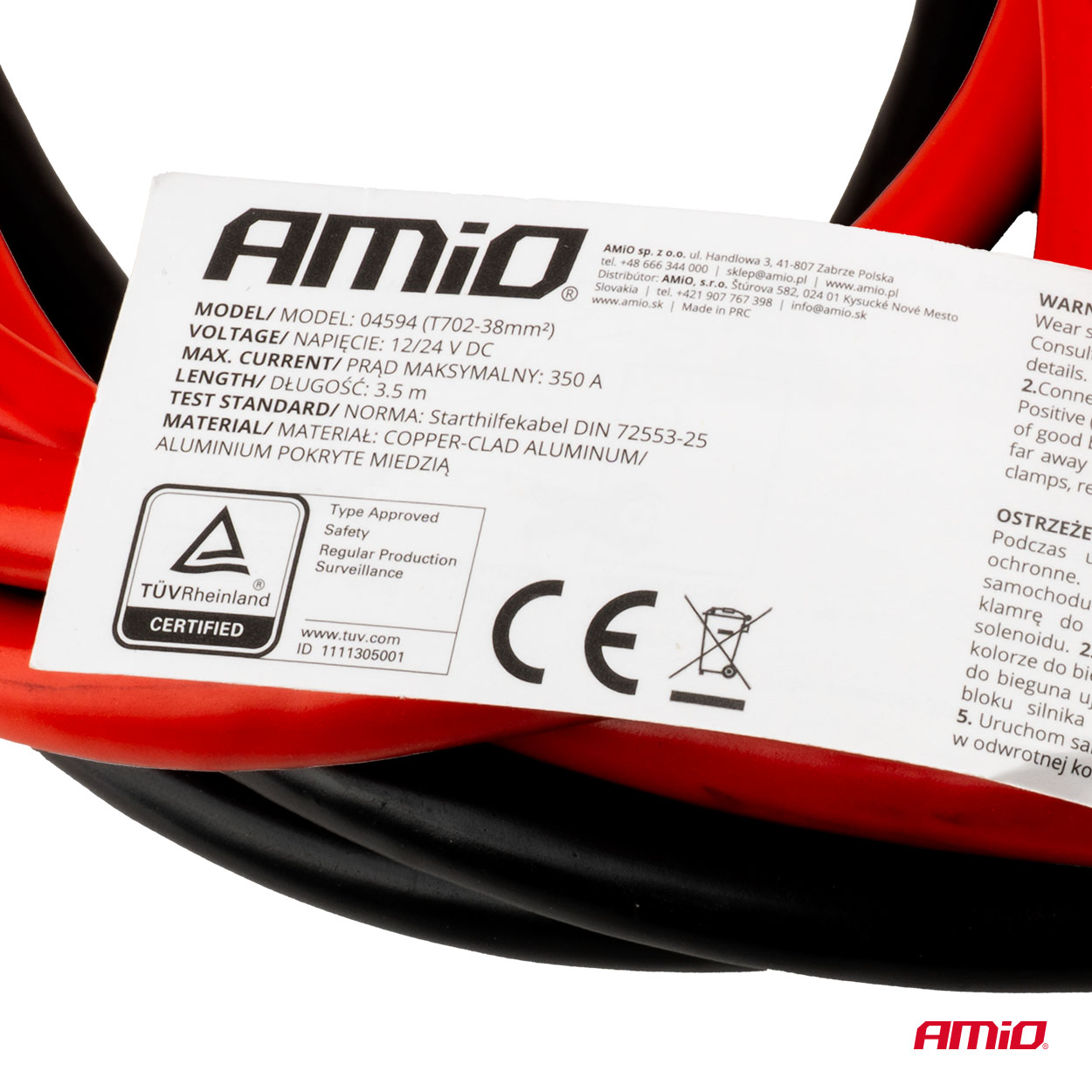 Εικόνα 9 από 11 — Amio – Καλώδια Φόρτισης Μπαταρίας (Ρευματοδότες) τάση λειτουργίας 12-24V ένταση ρεύματος 350A μήκος 3,5m με πιστοποίηση TUV για Επιβατικά Αυτοκίνητα και Φορτηγά – 1 σετ (04594/AM)