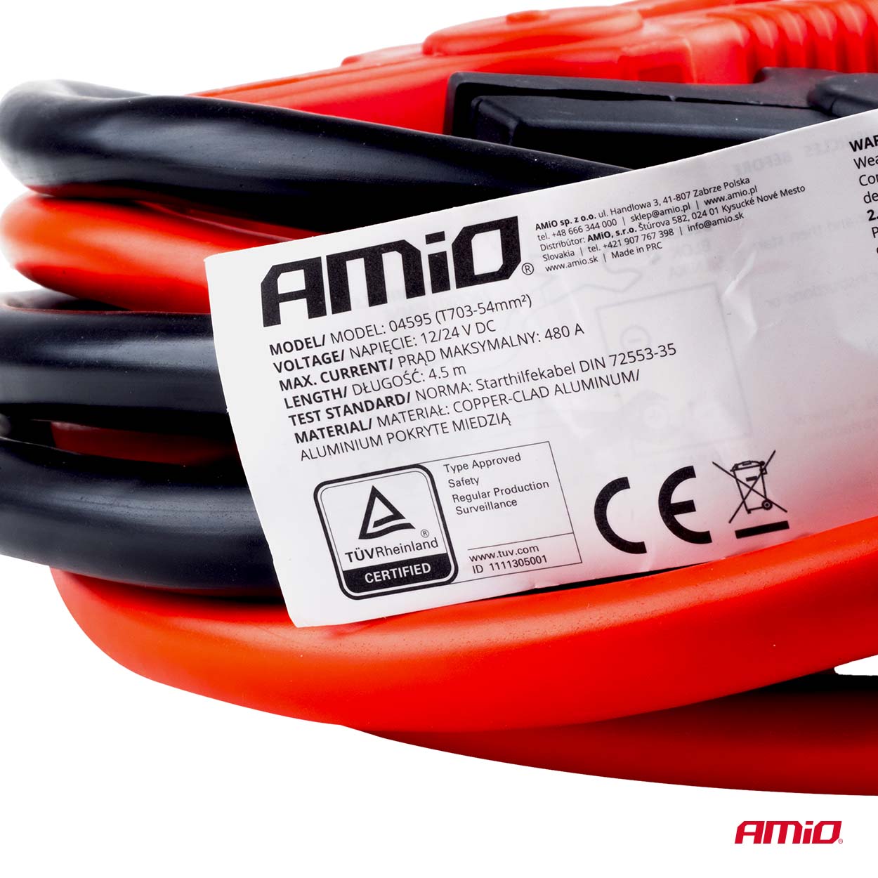 Εικόνα 9 από 11 — Amio – Καλώδια Φόρτισης Μπαταρίας (Ρευματοδότες) τάση λειτουργίας 12-24V ένταση ρεύματος 480A μήκος 4,5m με πιστοποίηση TUV για Επιβατικά Αυτοκίνητα και Φορτηγά – 1 σετ (04595/AM)
