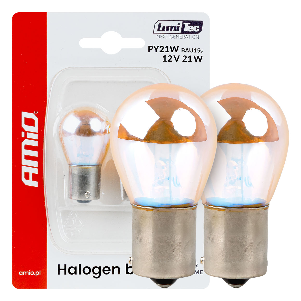 Εικόνα 1 από 6 — Amio – Λάμπες Αλογόνου PY21W BAU15s 12V 21W Πορτοκαλί/Χρώμιο Lumitec για Φλας & Καθαρή Σήμανση – Σετ 2 Τεμ. (04627/AM)