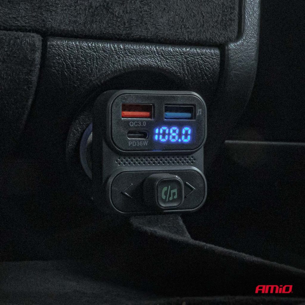 Εικόνα 3 από 9 — Amio – FM Transmitter Αναπτήρα τύπου FMT02 τάση λειτουργίας 12-24V με 2xUSB Type-A και 1xUSB Type-C για Επιβατικά Αυτοκίνητα και Φορτηγά – 1 τεμ. (04649/AM)