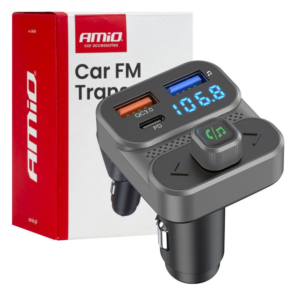 Εικόνα 1 από 9 — Amio – FM Transmitter Αναπτήρα τύπου FMT02 τάση λειτουργίας 12-24V με 2xUSB Type-A και 1xUSB Type-C για Επιβατικά Αυτοκίνητα και Φορτηγά – 1 τεμ. (04649/AM)