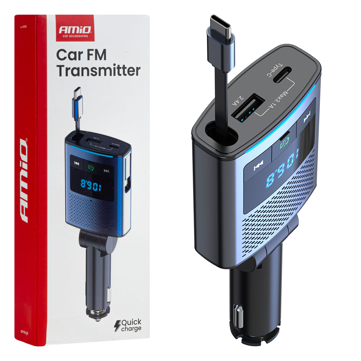 Εικόνα 1 από 12 — Amio – FM Transmitter Αυτοκινήτου 12/24V με 1xUSB Type-A, 1xUSB Type-C και Ενσωματωμένο Καλώδιο Φόρτισης Type-C – 1 τεμ. (04656/AM)