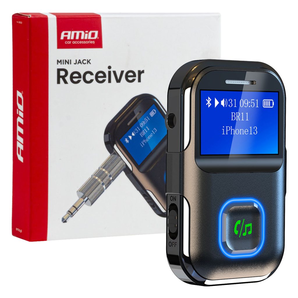 Εικόνα 1 από 9 — Amio – Bluetooth Δέκτης (Receiver) BTR-03 για Ασύρματη Μετάδοση Ήχου με υποδοχή Mini Jack 3.5mm και Οθόνη LCD – 1 τεμ. (04659/AM)