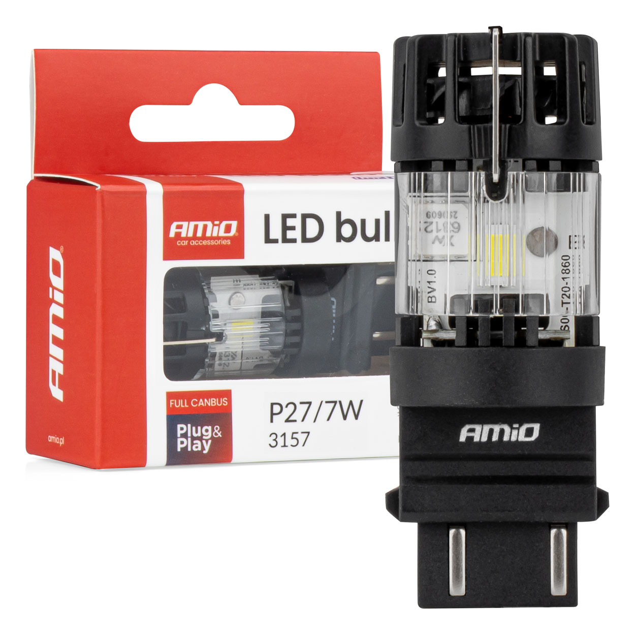 Εικόνα 1 από 5 — Amio – LED CSP P27/7W 3157 Καρφωτό 12V 66W 4800lm 6500K Full CANBUS για Στοπ & Θέσης Ισχυρό Φως – 1 Τεμ. (04691/AM)