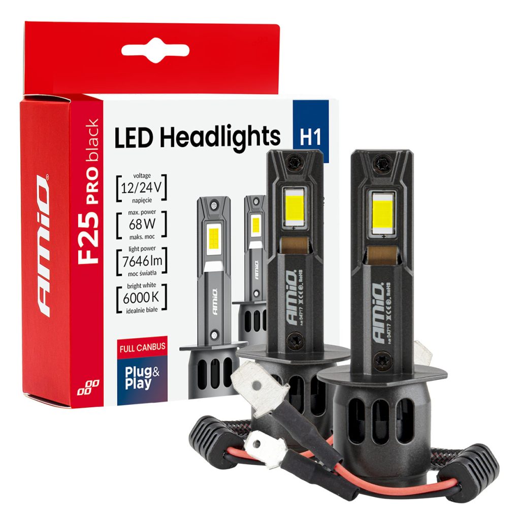Εικόνα 1 από 9 — Amio – Λαμπτήρες LED F25 PRO Black Edition H1 68W 12-24V Full CAN Bus με Φωτεινότητα 7646lm σε Ψυχρό Λευκό 6000K για Επιβατικά Αυτοκίνητα & Φορτηγά – Σετ 2 τεμ. (04717/AM)