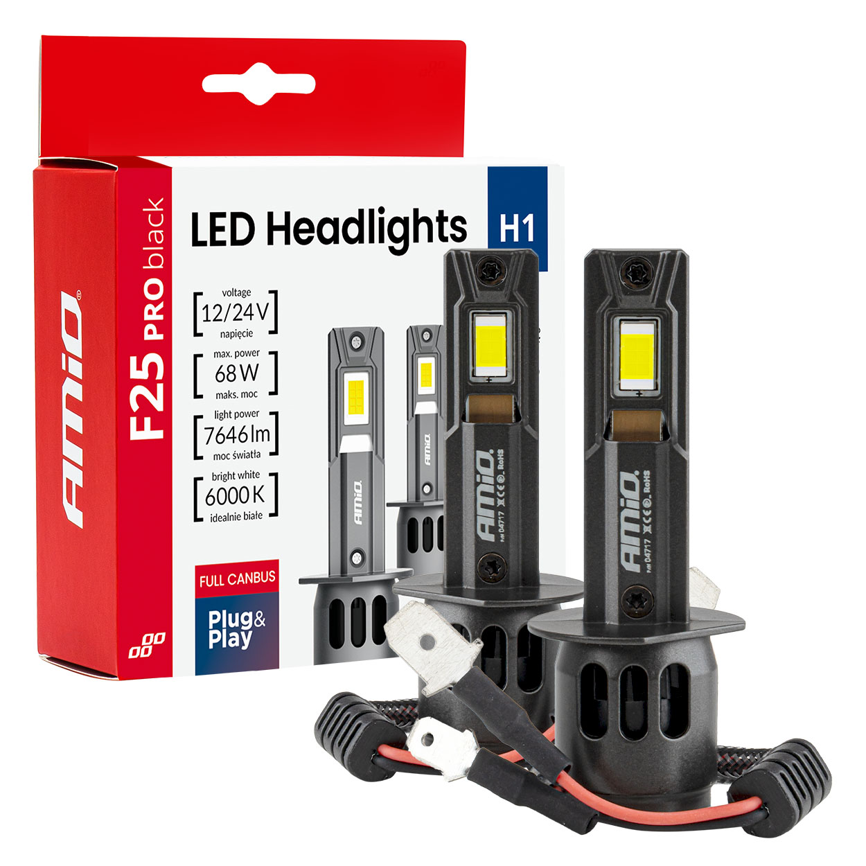 Εικόνα 1 από 9 — Amio – Λαμπτήρες LED F25 PRO Black Edition H1 68W 12-24V Full CAN Bus με Φωτεινότητα 7646lm σε Ψυχρό Λευκό 6000K για Επιβατικά Αυτοκίνητα & Φορτηγά – Σετ 2 τεμ. (04717/AM)