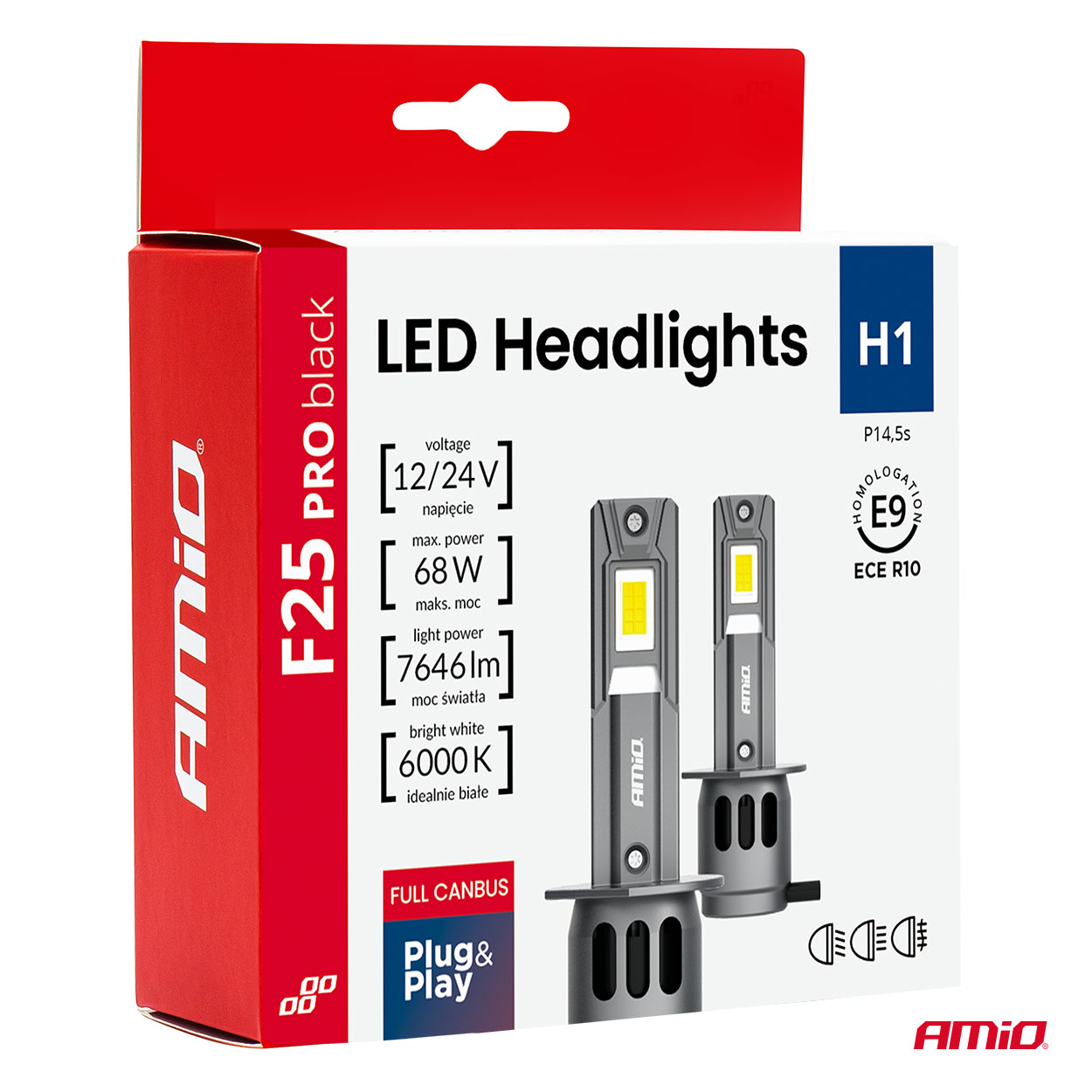 Εικόνα 5 από 9 — Amio – Λαμπτήρες LED F25 PRO Black Edition H1 68W 12-24V Full CAN Bus με Φωτεινότητα 7646lm σε Ψυχρό Λευκό 6000K για Επιβατικά Αυτοκίνητα & Φορτηγά – Σετ 2 τεμ. (04717/AM)