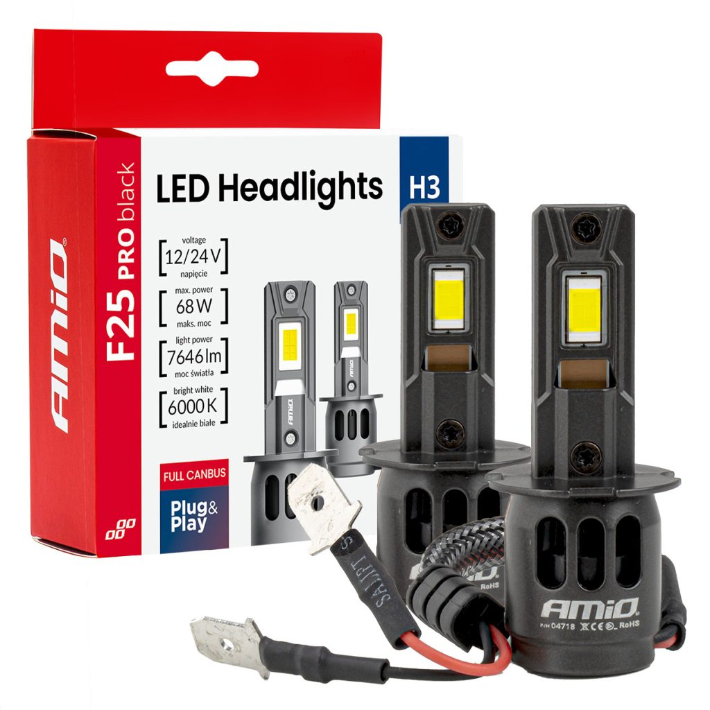 Εικόνα 1 από 10 — Amio – Λαμπτήρες LED F25 PRO Black Edition H3 68W 12-24V Full CAN Bus με Φωτεινότητα 7646lm σε Ψυχρό Λευκό 6000K για Επιβατικά Αυτοκίνητα & Φορτηγά – Σετ 2 τεμ. (04718/AM)