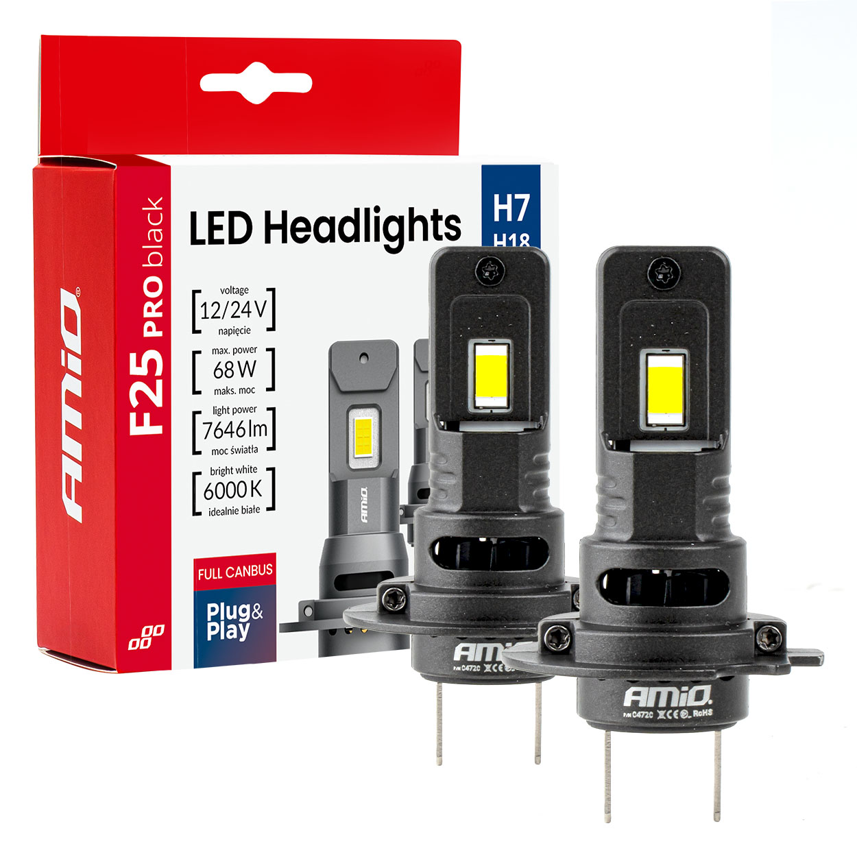 Εικόνα 1 από 10 — Amio – Λαμπτήρες LED F25 PRO Black Edition H7 68W 12-24V Full CAN Bus με Φωτεινότητα 7646lm σε Ψυχρό Λευκό 6000K για Επιβατικά Αυτοκίνητα & Φορτηγά – Σετ 2 τεμ. (04720/AM)