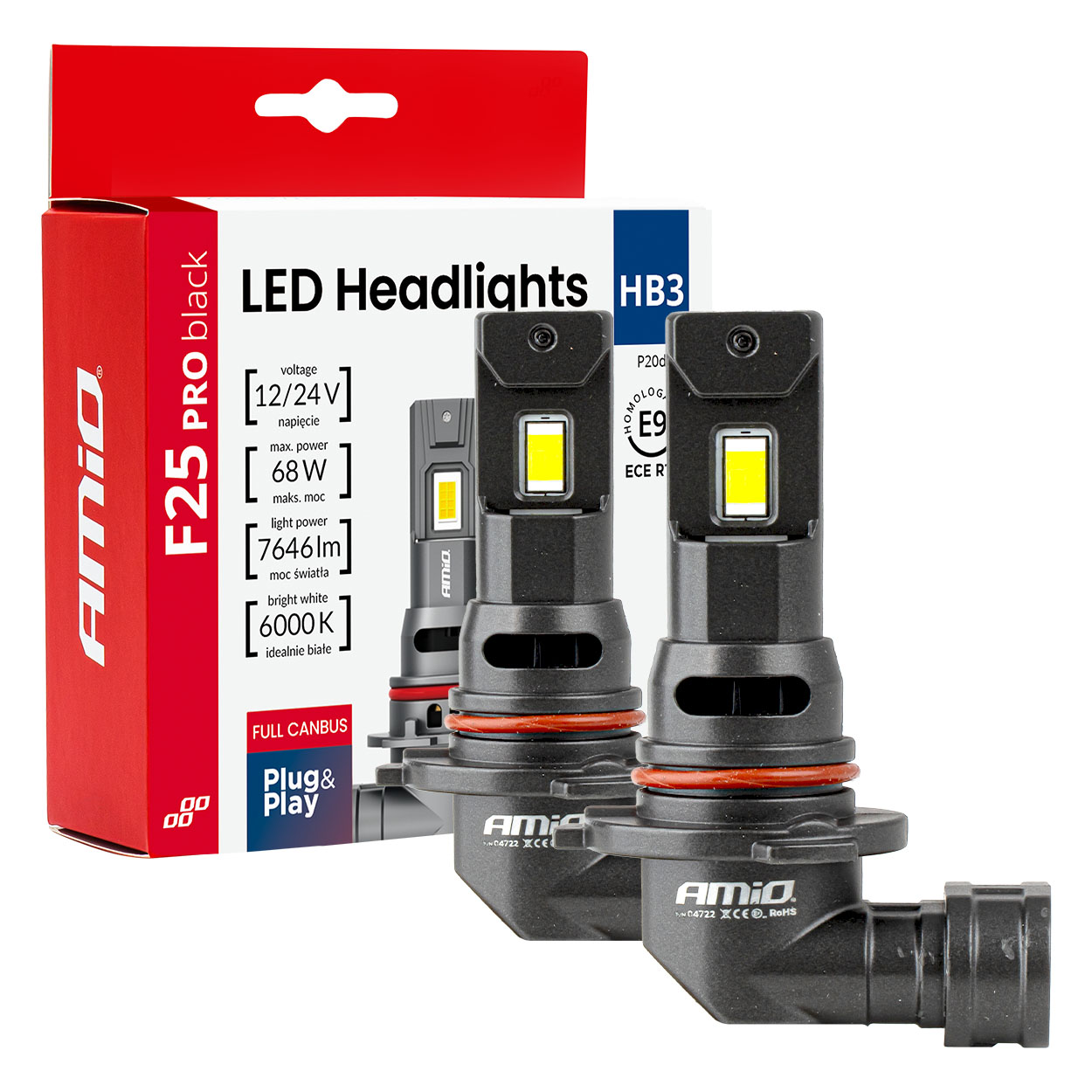 Εικόνα 1 από 9 — Amio – Λαμπτήρες LED F25 PRO Black Edition HB3 (9005) 68W 12-24V Full CAN Bus με Φωτεινότητα 7646lm σε Ψυχρό Λευκό 6000K για Επιβατικά Αυτοκίνητα & Φορτηγά – Σετ 2 τεμ. (04722/AM)