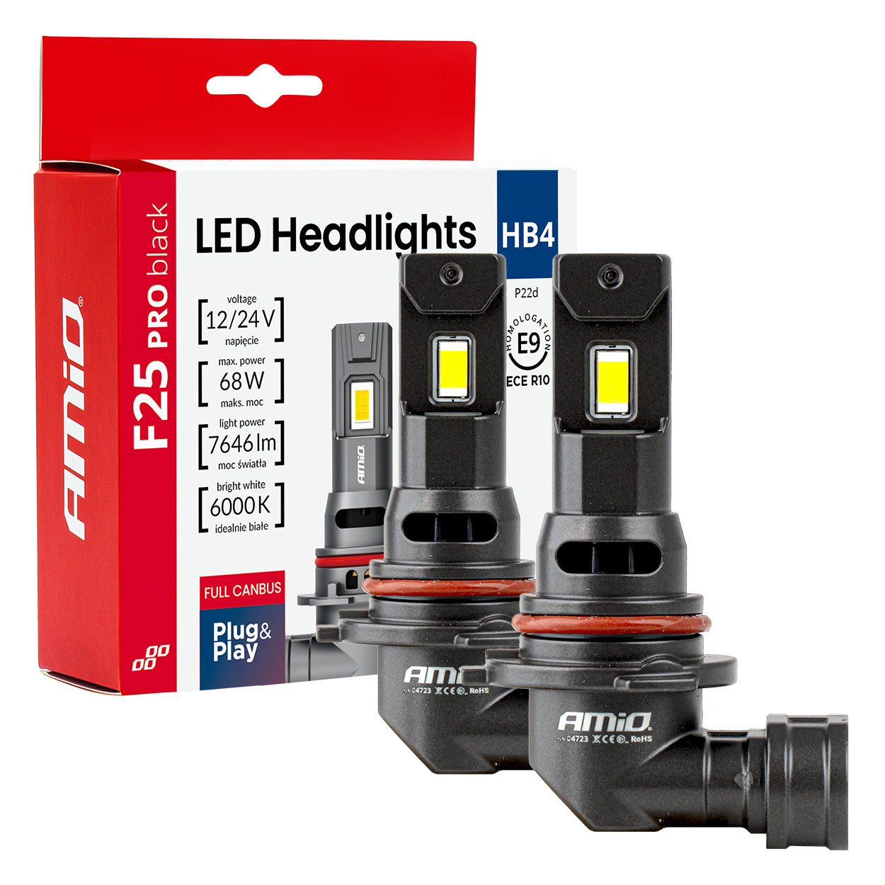 Εικόνα 1 από 9 — Amio – Λαμπτήρες LED F25 PRO Black Edition HB4 (9006) 68W 12-24V Full CAN Bus με Φωτεινότητα 7646lm σε Ψυχρό Λευκό 6000K για Επιβατικά Αυτοκίνητα & Φορτηγά – Σετ 2 τεμ. (04723/AM)