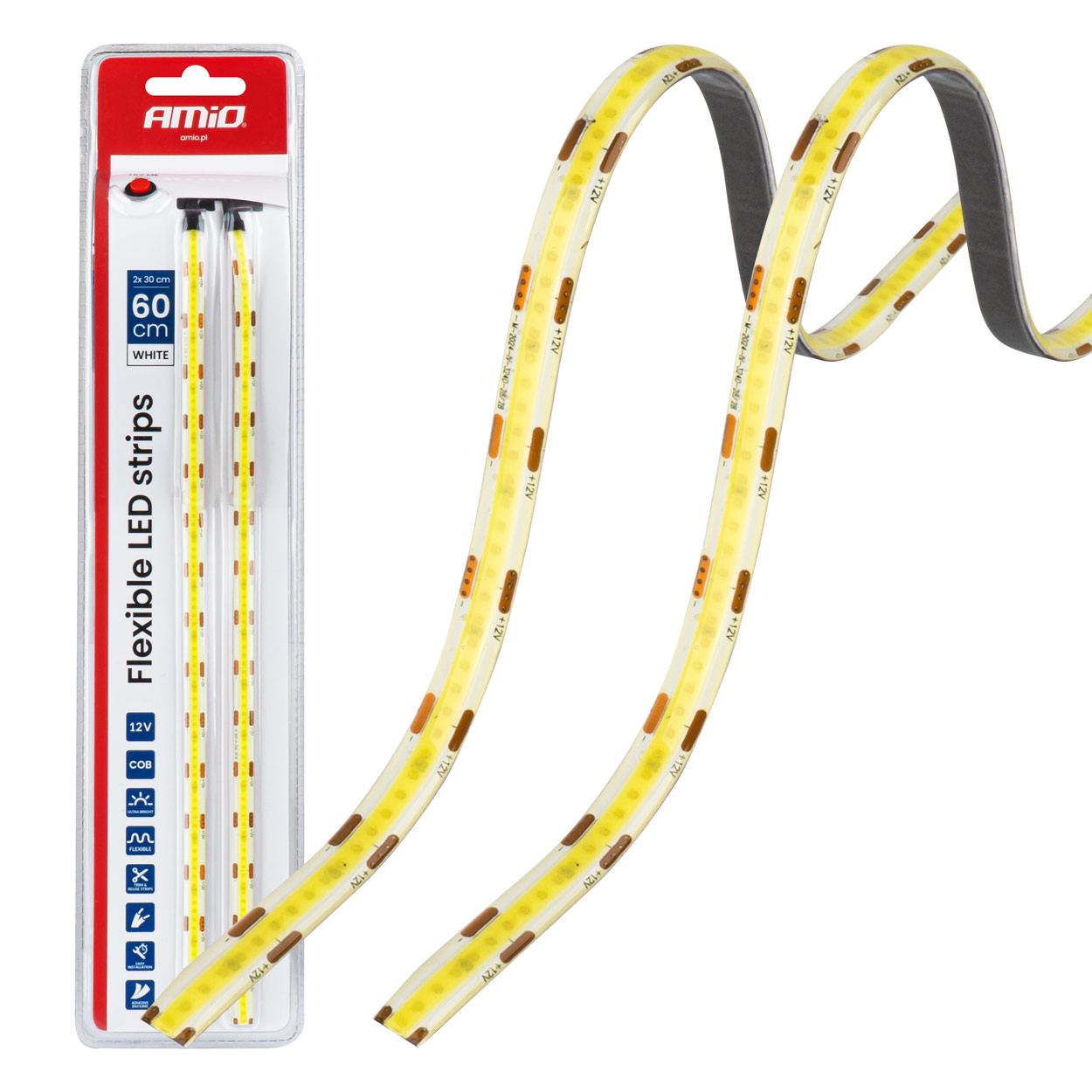 Εικόνα 1 από 10 — Amio – Ταινία LED COB 12V Λευκή 2x30cm Flexible για Ισχυρό Εσωτερικό Φωτισμό & Easy Install – Σετ 2 Τεμ. (04569/AM)