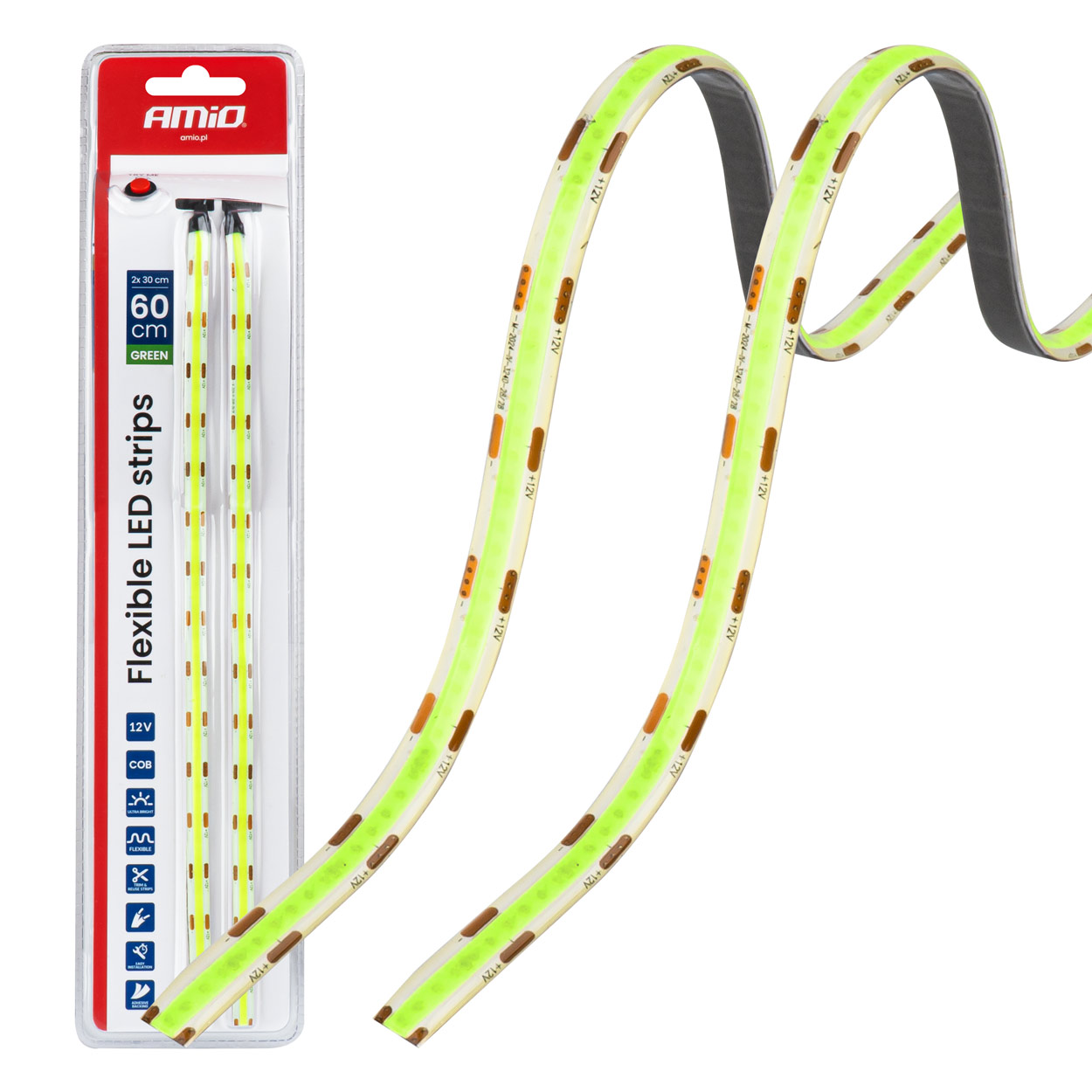 Εικόνα 1 από 10 — Amio – Ταινία LED COB 12V Πράσινη 2x30cm Flexible για Εντυπωσιακό Εσωτερικό Φωτισμό & Easy Install – Σετ 2 Τεμ. (04573/AM)