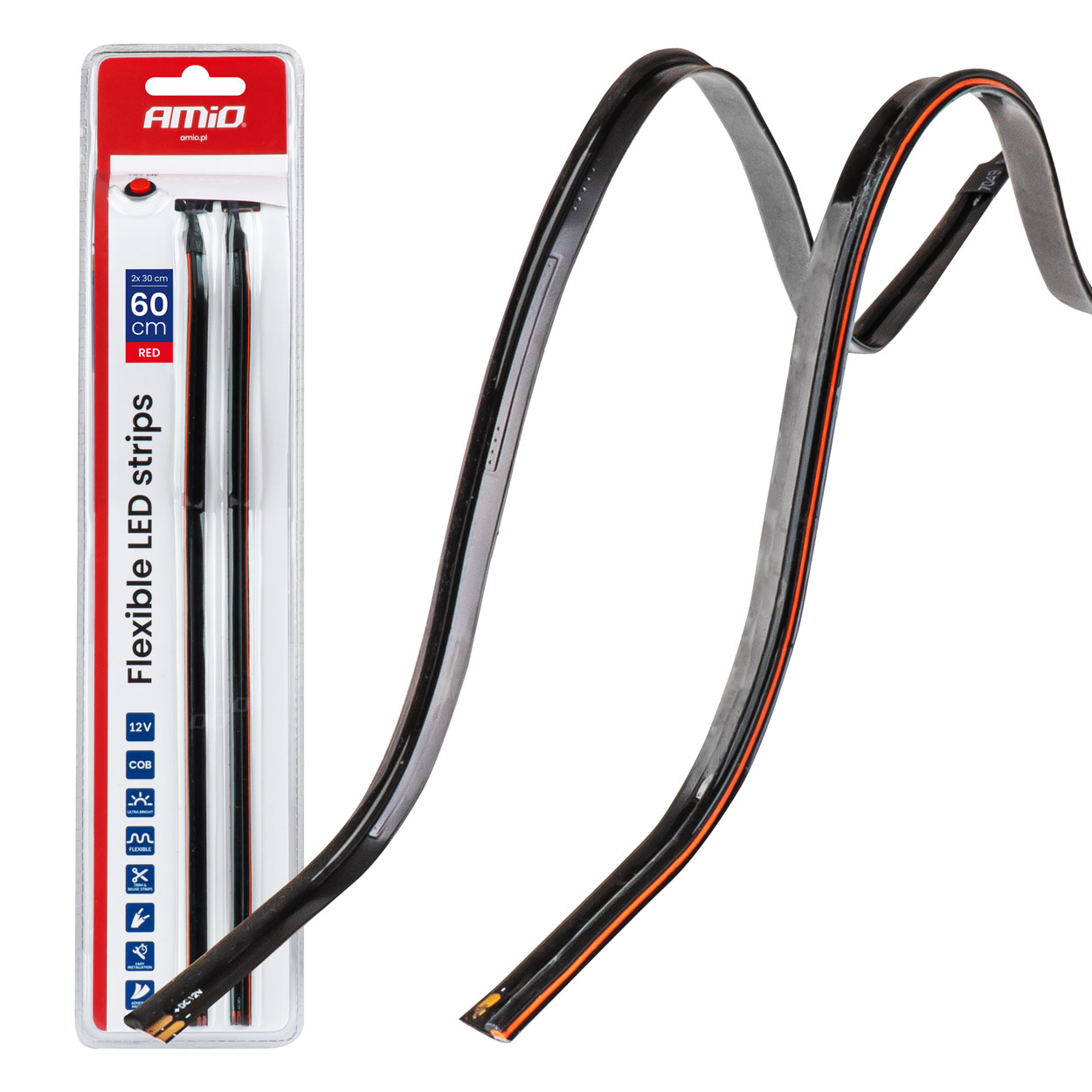 Εικόνα 1 από 1 — Amio – Ταινία LED COB 12V Κόκκινη 2x30cm Flexible Πλαϊνού Φωτισμού για Σήμανση & Δυναμικό Φως – Σετ 2 Τεμ. (04576/AM)