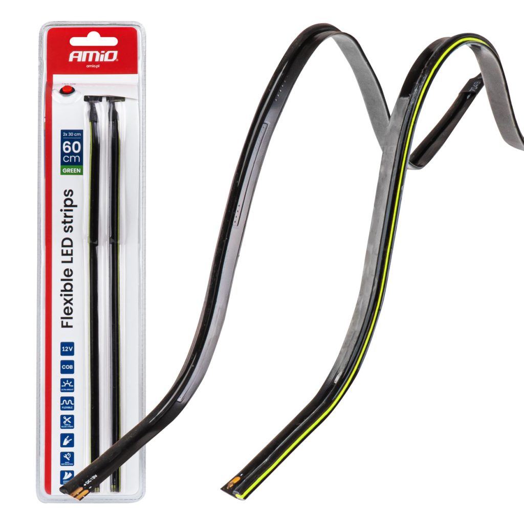 Εικόνα 1 από 9 — Amio – Ταινία LED COB 12V Πράσινη 2x30cm Flexible Πλαϊνού Φωτισμού για Σήμανση & Εντυπωσιακό Φως – Σετ 2 Τεμ. (04577/AM)