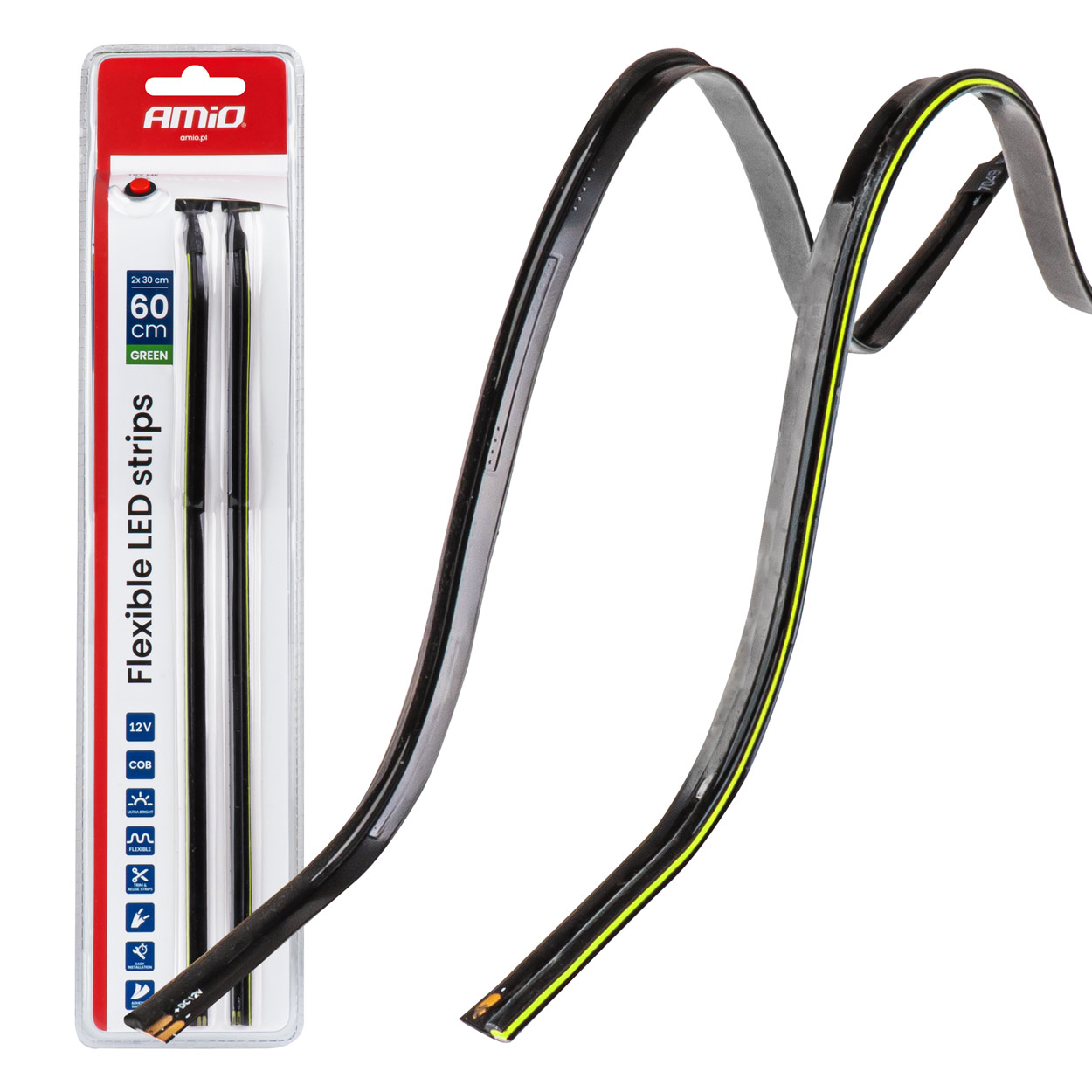 Εικόνα 1 από 9 — Amio – Ταινία LED COB 12V Πράσινη 2x30cm Flexible Πλαϊνού Φωτισμού για Σήμανση & Εντυπωσιακό Φως – Σετ 2 Τεμ. (04577/AM)