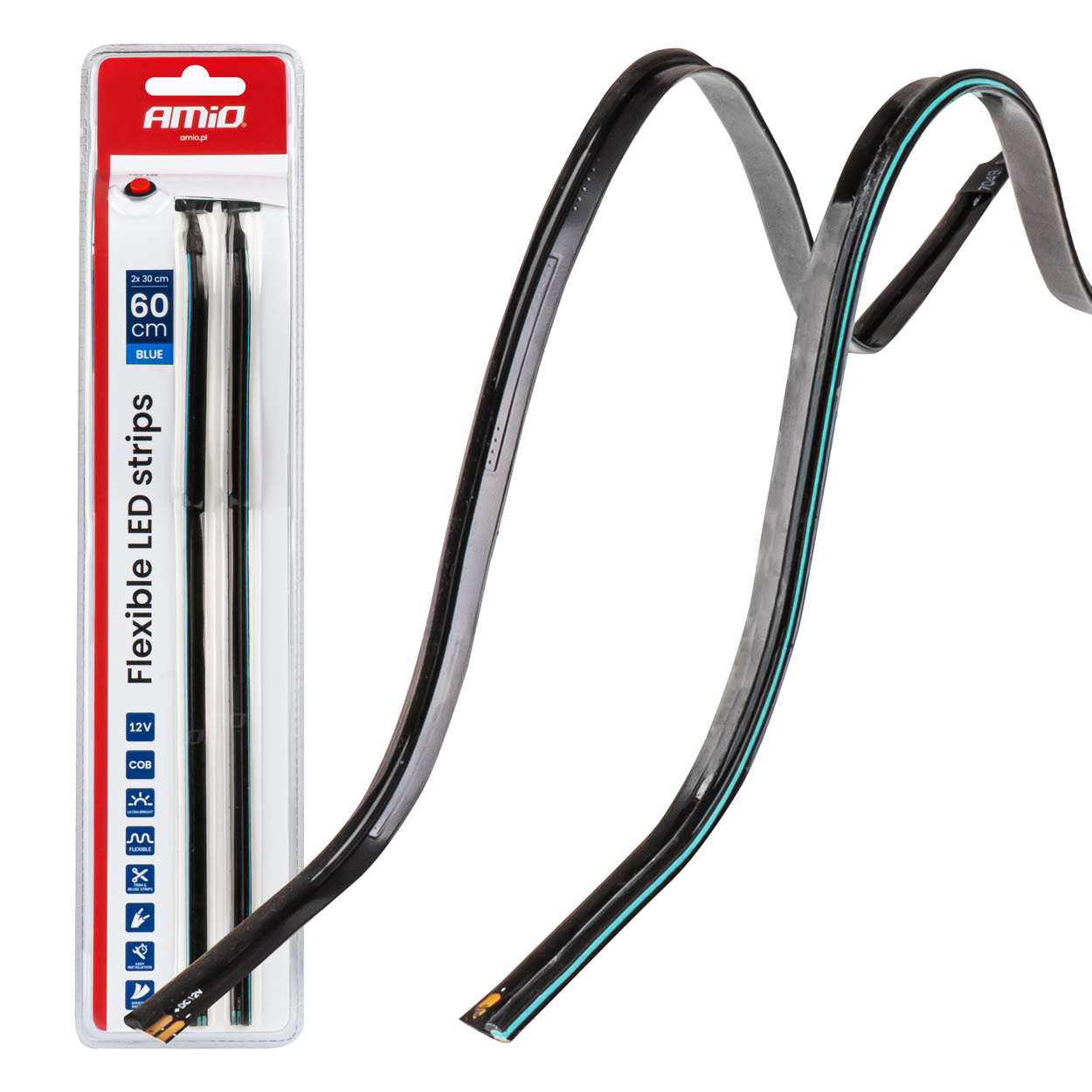 Εικόνα 1 από 9 — Amio – Ταινία LED COB 12V Μπλε 2x30cm Flexible Πλαϊνού Φωτισμού για Σήμανση & Dynamic Look – Σετ 2 Τεμ. (04578/AM)