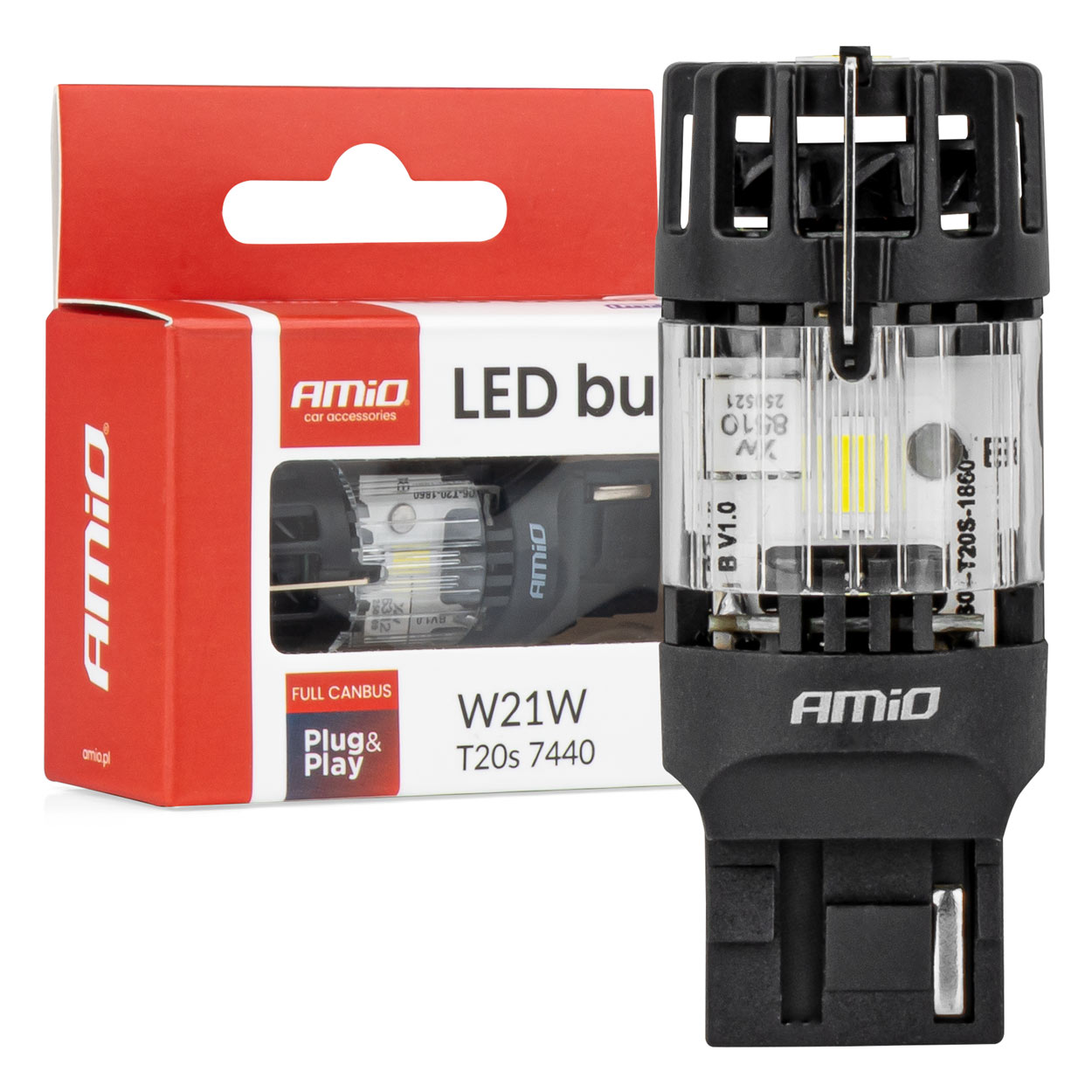 Εικόνα 1 από 5 — Amio – LED CSP T20S W21W 7440 Καρφωτό 12V 66W 4800lm 6500K Full CANBUS για Όπισθεν & Ισχυρό Φως – 1 Τεμ. (04686/AM)