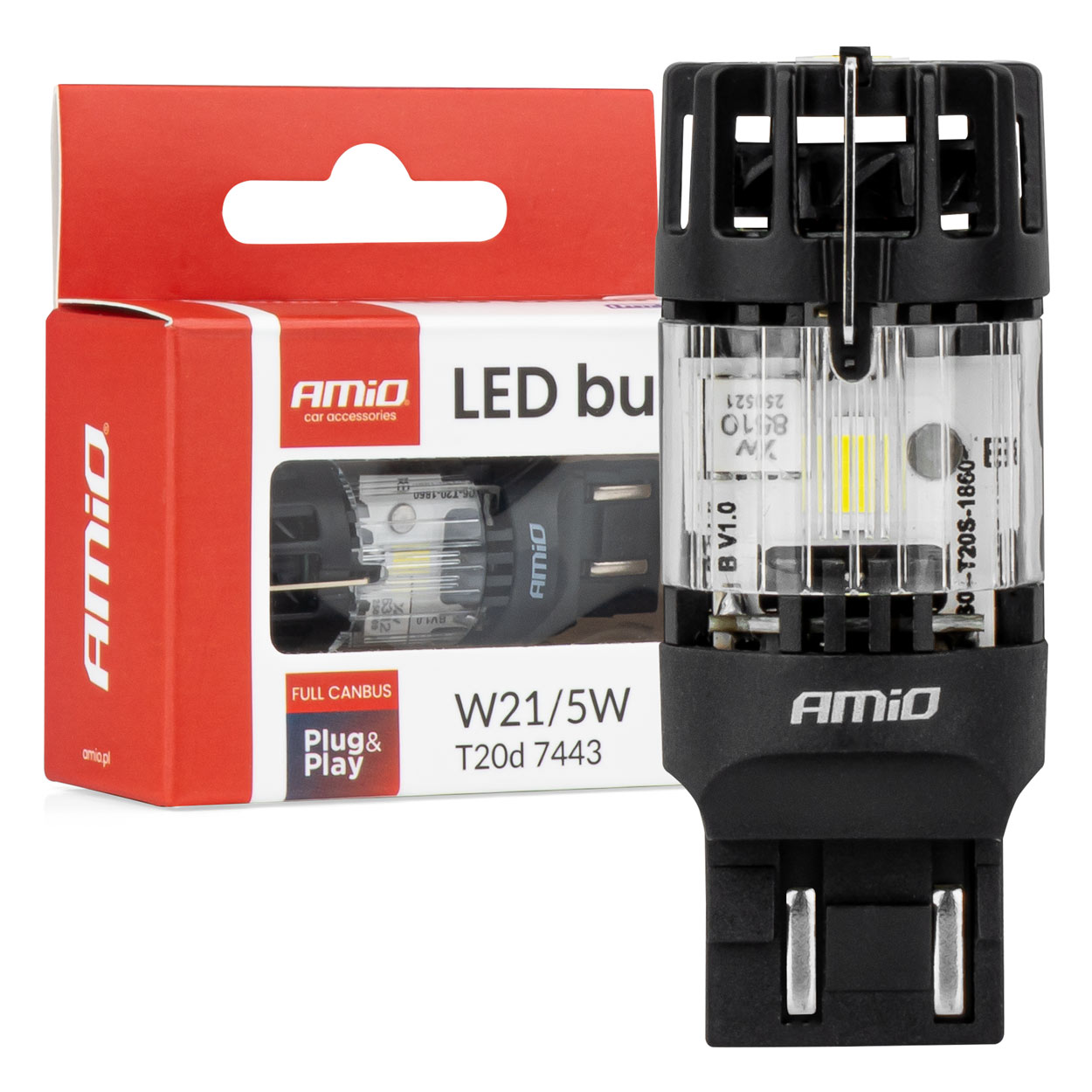 Εικόνα 1 από 4 — Amio – LED CSP T20D W21/5W 7443 Καρφωτό 12V 66W 4800lm 6500K Full CANBUS για Στοπ & Θέσης Ισχυρό Φως – 1 Τεμ. (04687/AM)