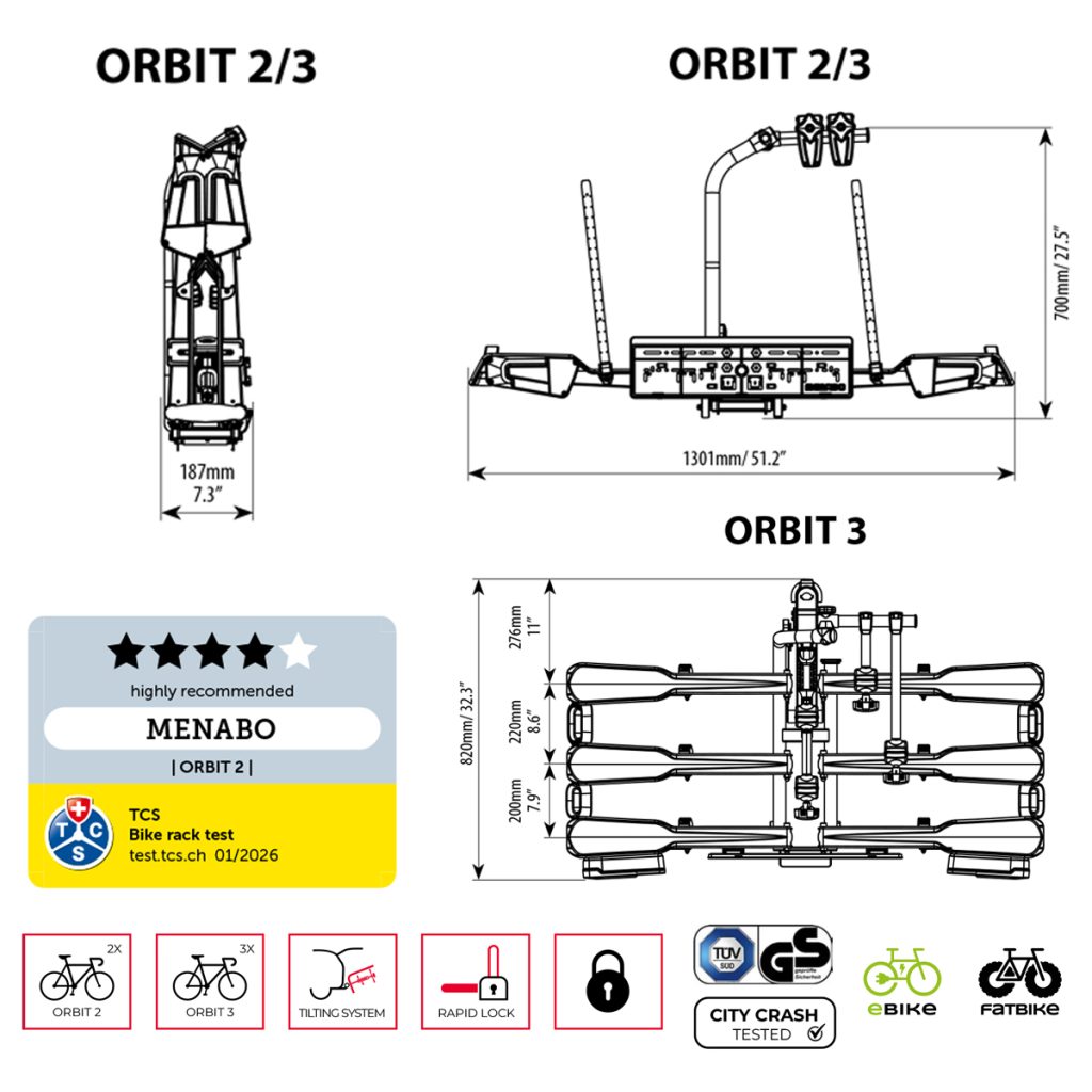 Εικόνα 3 από 9 — Menabo – Βάση Ποδηλάτου Κοτσαδόρου Orbit 3 για 3 ποδήλατα ή E-bike / Fat Bike Αναδιπλούμενη με Ανάκλιση / Μοχλό Γρήγορης Ασφάλισης / Αντάπτορα 13 pin – 1 τεμ. (14760/MB)