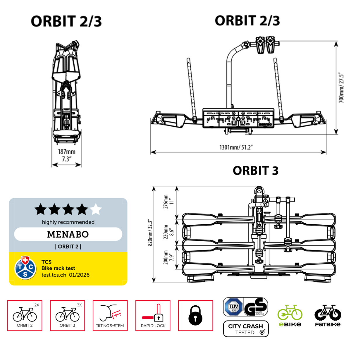 Εικόνα 3 από 9 — Menabo – Βάση Ποδηλάτου Κοτσαδόρου Orbit 3 για 3 ποδήλατα ή E-bike / Fat Bike Αναδιπλούμενη με Ανάκλιση / Μοχλό Γρήγορης Ασφάλισης / Αντάπτορα 13 pin – 1 τεμ. (14760/MB)