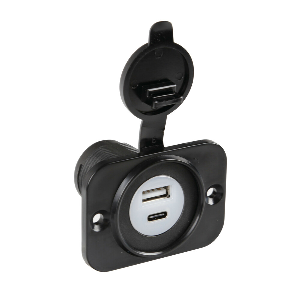 Εικόνα 1 από 4 — ΠΡΙΖΑ USB ΜΕ ΚΑΠΑΚΙ ΚΑΙ 2 ΘΥΡΕΣ USB (A+C) 12/24V 3000mA 15W ΜΑΥΡΗ FAST CHARGE LAMPA – 1 TEM.