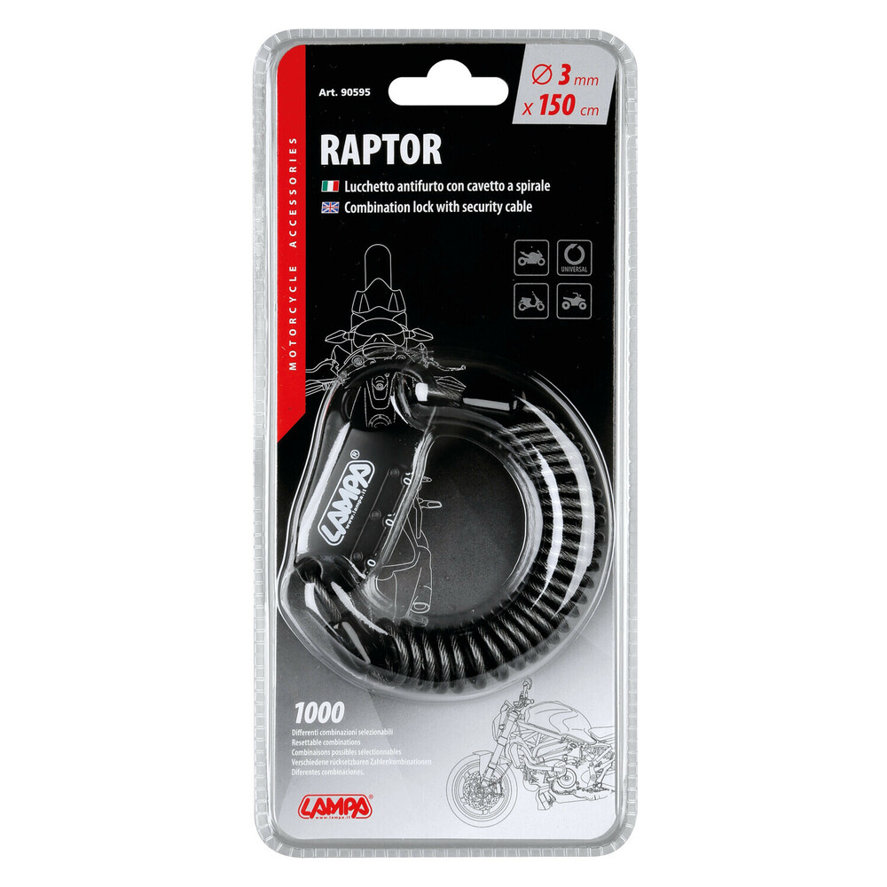 Εικόνα 3 από 3 — Lampa – Κλειδαριά Ασφαλείας Raptor με Συρματόσχοινο 150cm για Κράνη / Ποδήλατα / Laptop με Επαναρυθμιζόμενο 3ψήφιο Συνδυασμό και Ατσάλινο Πυρήνα – 1 Τεμ. (9059.5-LB-LM)