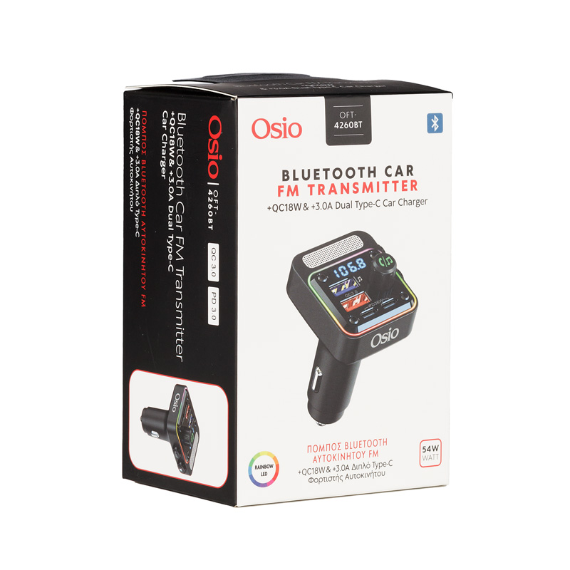Εικόνα 7 από 9 — FM TRANSMITTER ΑΝΑΠΤΗΡΑ 12V ΜΕ BLUETOOTH OFT-4260BT ΦΟΡΤΙΣΤΗ USB TYPE-A + USB TYPE-C OSIO