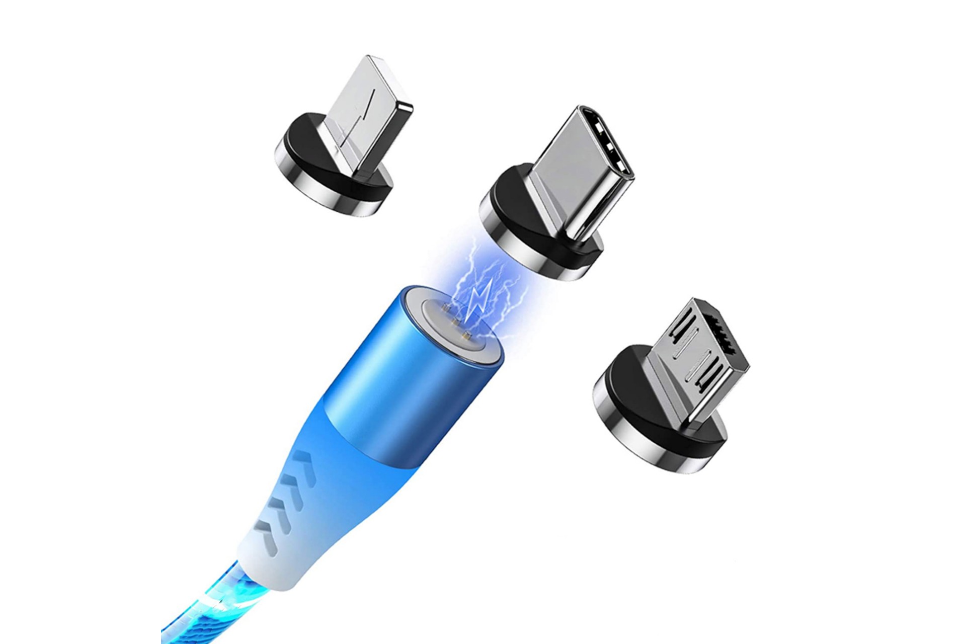 Εικόνα 3 από 4 — ΚΑΛΩΔΙΟ USB ΦΟΡΤΙΣΗΣ & ΣΥΓΧΡΟΝΙΣΜΟΥ MICRO USB/TYPE-C/LIGHTING ΜΕ ΜΑΓΝΗΤΙΚΗ ΥΠΟΔΟΧΗ & ΜΠΛΕ ΦΩΣ 100 cm