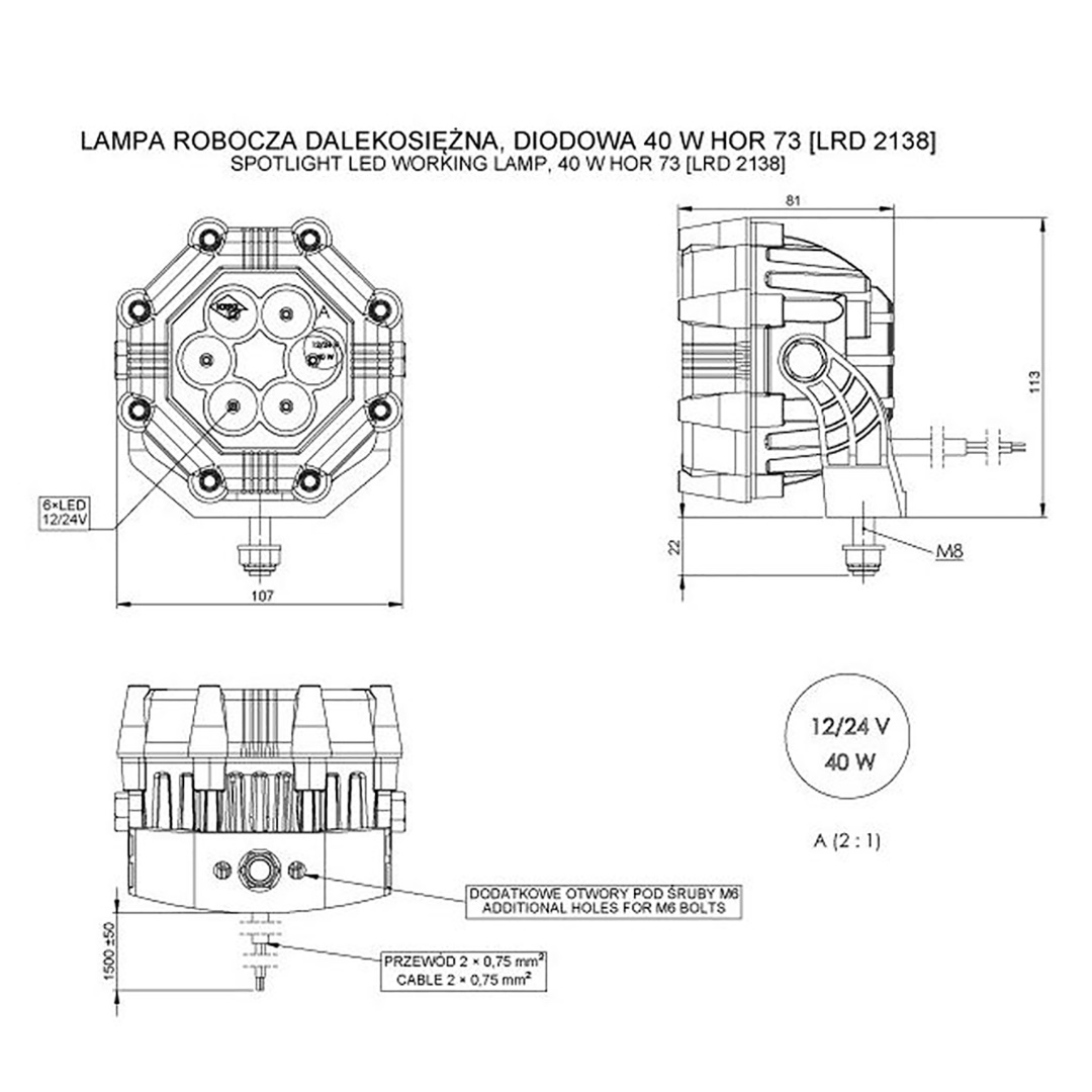 Εικόνα 2 από 3 — ΠΡΟΒΟΛΕΑΣ ΕΡΓΑΣΙΑΣ (ΣΠΟΤ) 12/24V HOR73 40W 3000lm 6LED 8ΓΩΝΟΣ 107x81mm