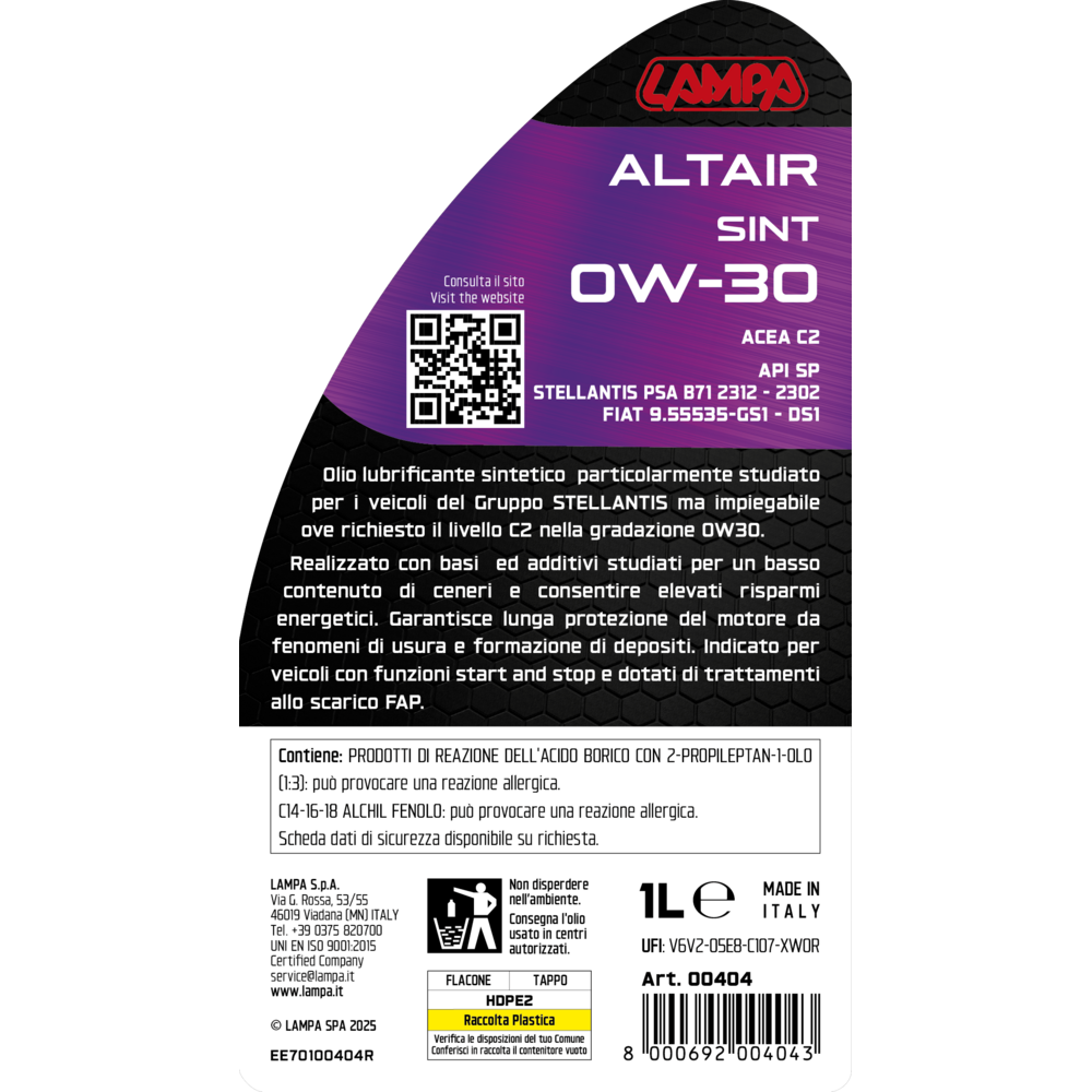 Εικόνα 3 από 3 — ΛΑΔΙ ΚΙΝΗΤΗΡΑ 0W30 ΣΥΝΘΕΤΙΚΟ ALTAIR SINT ACEA 2 /API SP /STELLANTIS PSA B71 2312-2302 1LT LAMPA – 1 τεμ.