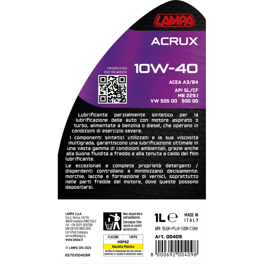Εικόνα 3 από 3 — ΛΑΔΙ ΚΙΝΗΤΗΡΑ 10W-40 ACRUX ΗΜΙΣΥΝΘΕΤΙΚΟ GENERAL USE 1L LAMPA – 1 ΤΕΜ.